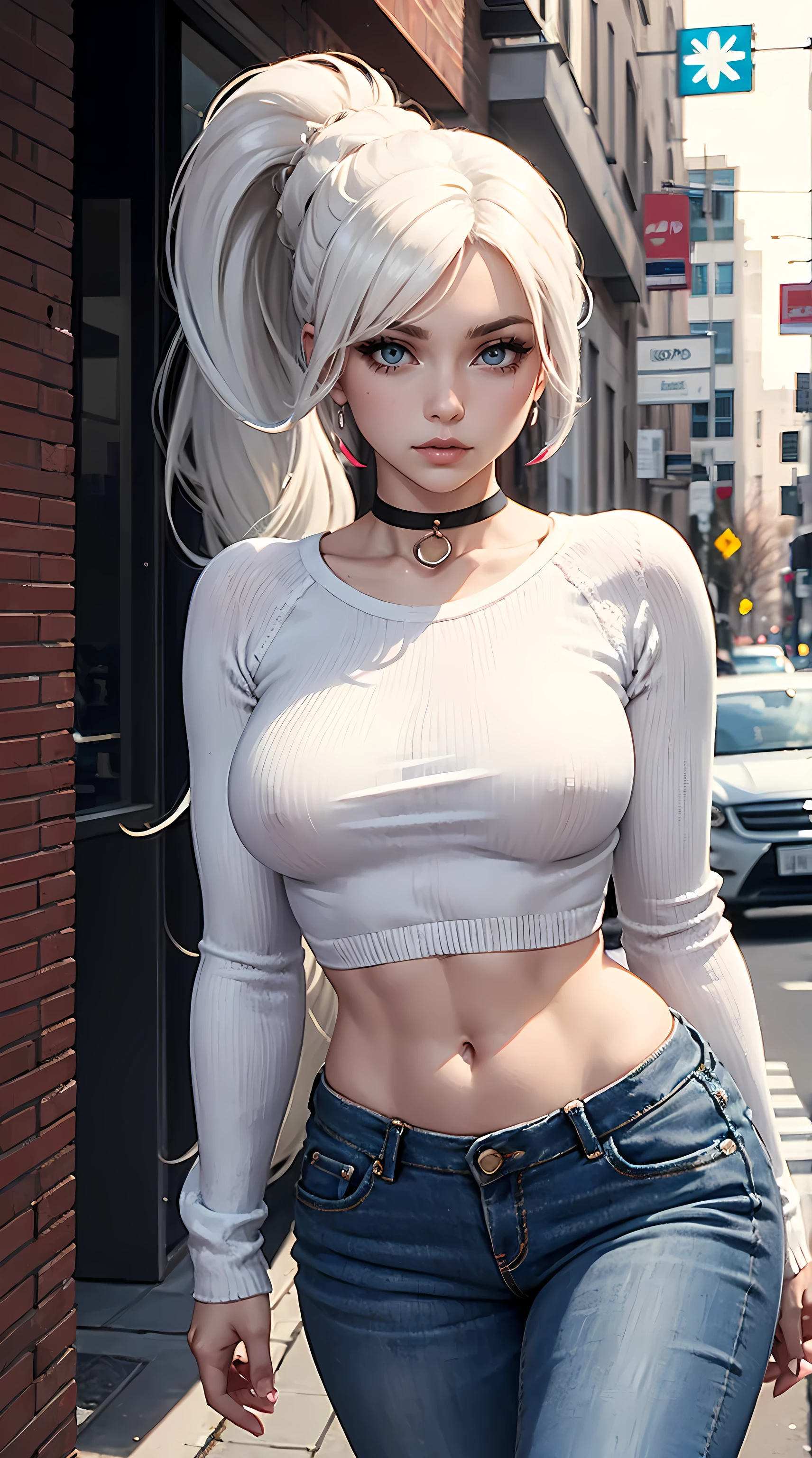 Beautiful  white hair woman is shown to have a sexy figure, she is wearing a nsfw crop sweater and jeans, choker, shy look, light blue eyes, ponytail, girl walking down a street ,sexy session, sexy pose, cowboy shot, superior quality, many details, realistic