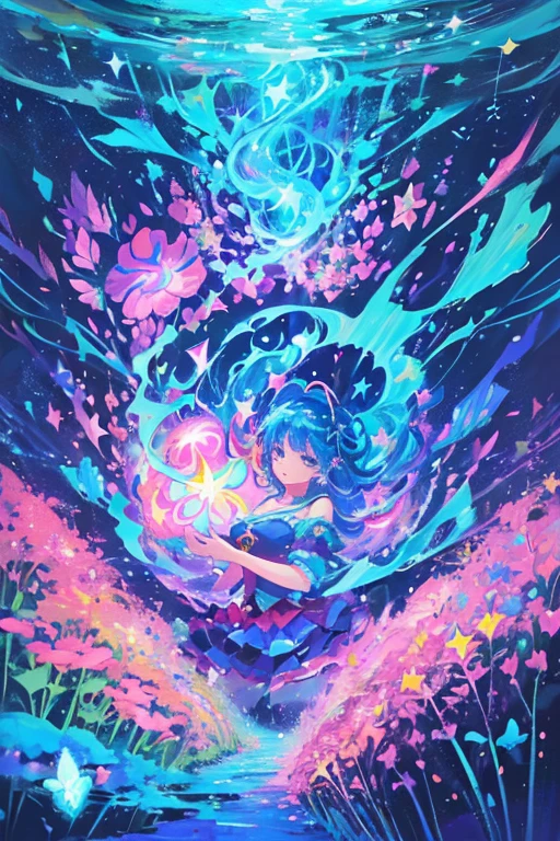 Melody Mark,top-quality、masutepiece、1womanl、solo、(abstract art:1.6),(Psychedelia Theme:1.6),(Gunjo World:1.5),(Marine:1.5),(Blue World:1.5),(At the center of the world is the most beautiful woman in the world),(many stars are falling:1.3),A ray of light spreads,Crystals spreading from the center,prisma(Nostalgic landscapes:1.5),(colorful flower:1.3),Garden Girl,gentle sunlight,Soft breeze,Delicate flowers,A rainbow-colored butterfly flaps its wings,Mesmerizing natural beauty,Fragments of Shining Stars, krystal,