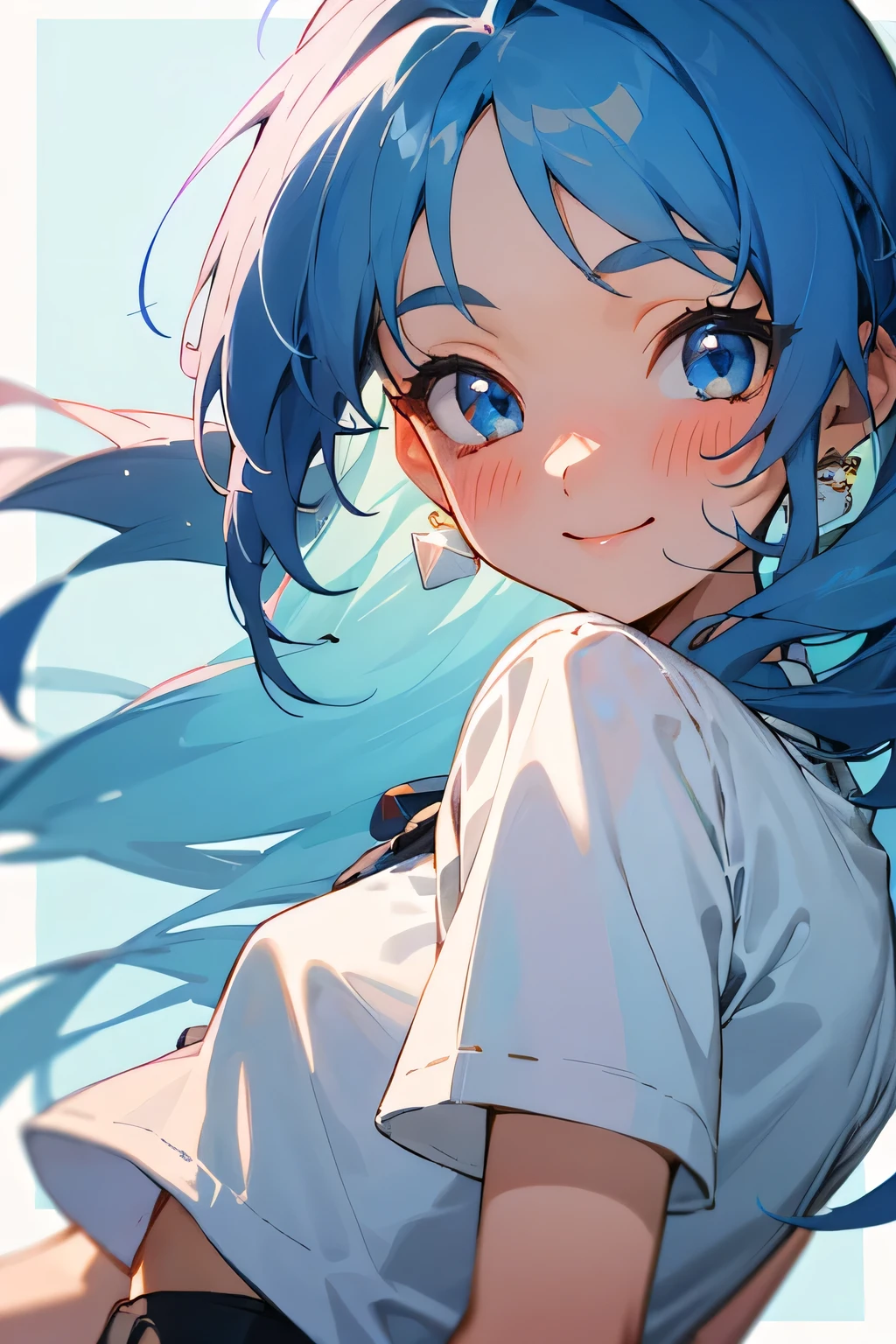 16-year-old girl、Blue Hair、long hair, Blue Eyes、smile、blush、Small breasts、white blouse shirt、Checked mini skirt、Upper body close-up、Have a soft-serve ice cream
