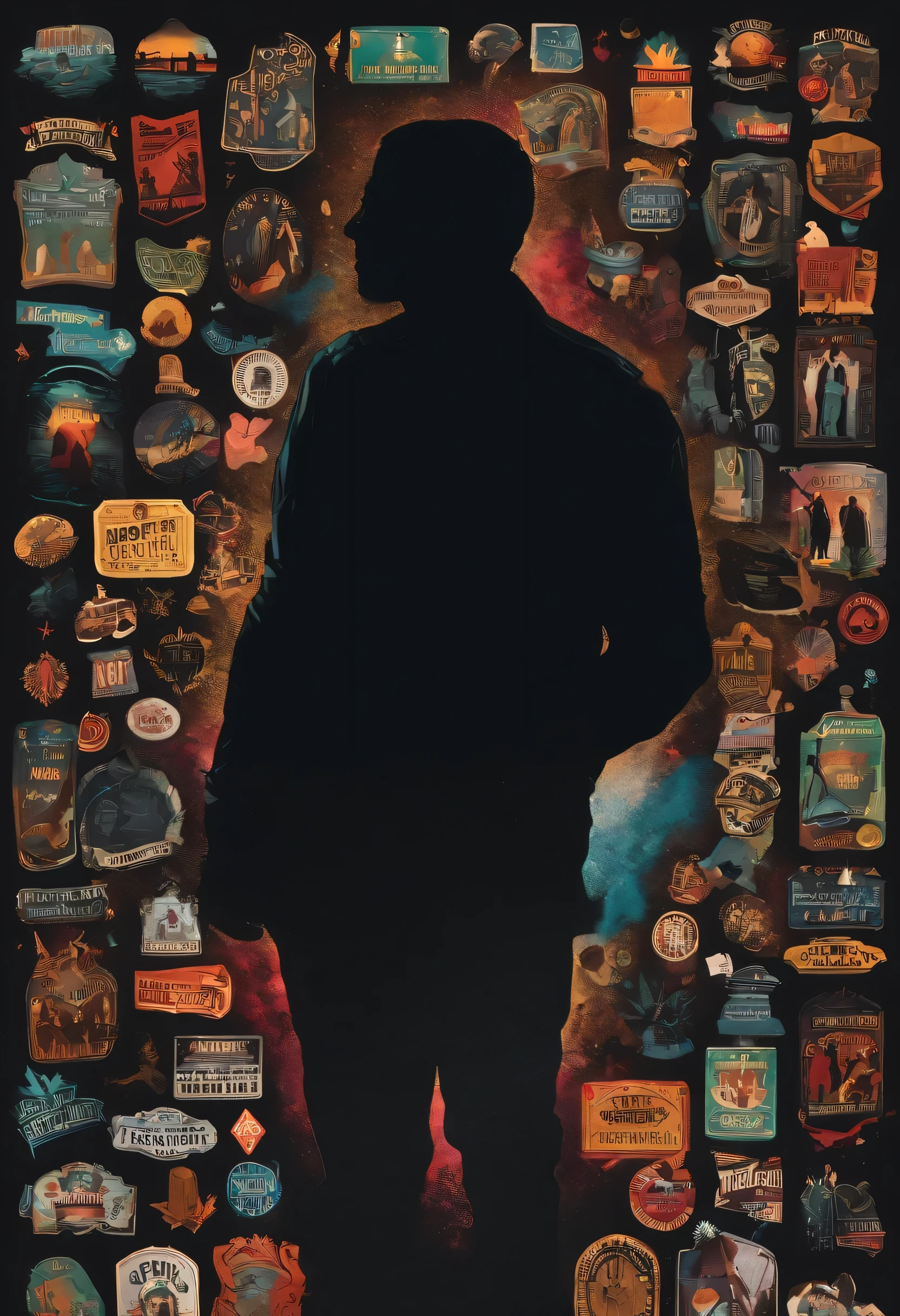 /Imagination prompts: Illustration of civilians with stickers on black background, Old clothes bold silhouette style, Jagged edges, Junk Core, Light and Shadow--V 5.2