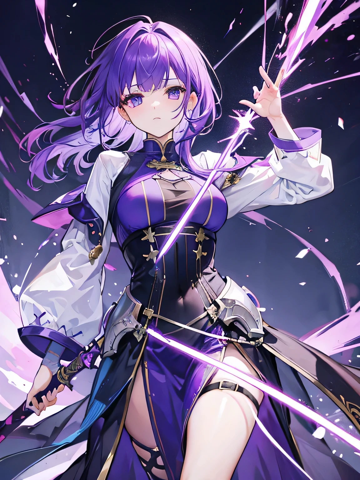 Purple hair tall girl。Holding a sword emitting lightning,Look forward