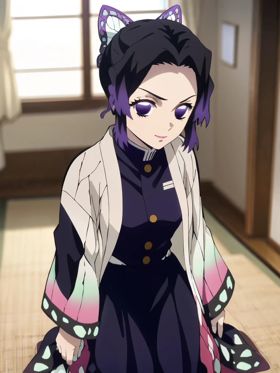EFT_Shinobu, 1girl, kochou shinobu, butterfly hair ornament, solo, hair ornament, purple hair, multicolored hair, purple eyes, black hair, medium breast, seductive smile, looking at viewer, blurry background, indoors, japanese house, half body, slim, ((masterpiece)), best quality, high detailed illustration, high detailed background, hi-res, standing, damaged clothes, wounded, bloody clothes, angry face, gripping sword
