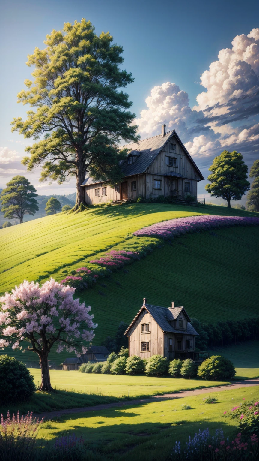 painting of a house in a field, a tree and flowers, anime countryside landscape, oil painting, 4k highly detailed digital art, hd wallpaper, anime landscape wallpaper
