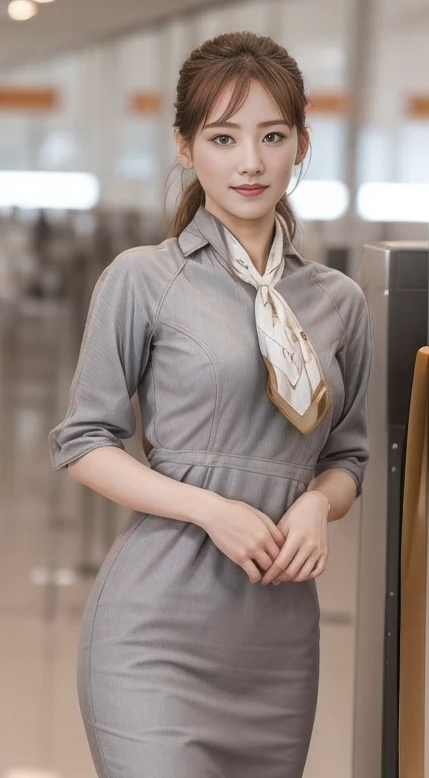 (masterpiece:1.2、highest quality:1.2)、32K HDR、High resolution、(alone、1 girl、Slim figure)、(Realistic style with Starlux Airlines uniform)、 (In the airport lounge, Professional Lighting)、A proper woman, Beautiful Face,、(Starlux Airlines silver uniform:1.4)、(Starlux Airlines silver uniform with short sleeves)、(scarf on chest)、Big Breasts、(Long hair updo、Evening updo)、Dark brown hair、Long Shot、((Fine hand:2.0))、((Harmonious body proportions:1.5))、((Normal limbs:2.0))、((Normal finger:2.0))、((Delicate eyes:2.0))、((Normal eyes:2.0)))、Beautiful standing posture