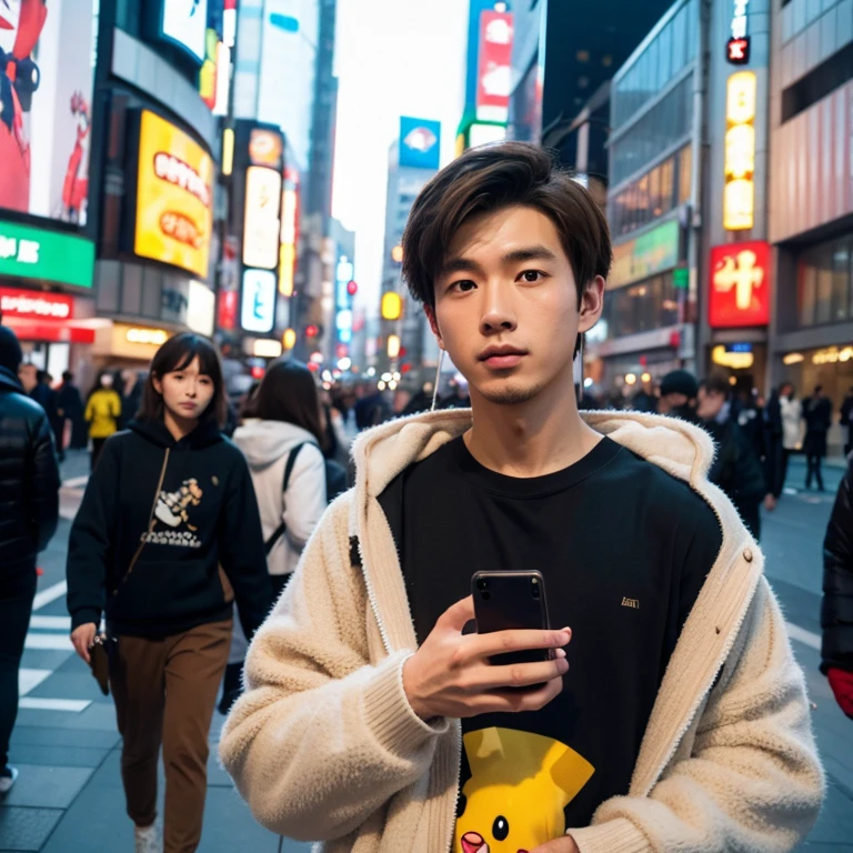 japanese guy, wearing pokemon hoodie, light brown hair holding cellphone, wearing airpods, shibuya background, day time,
