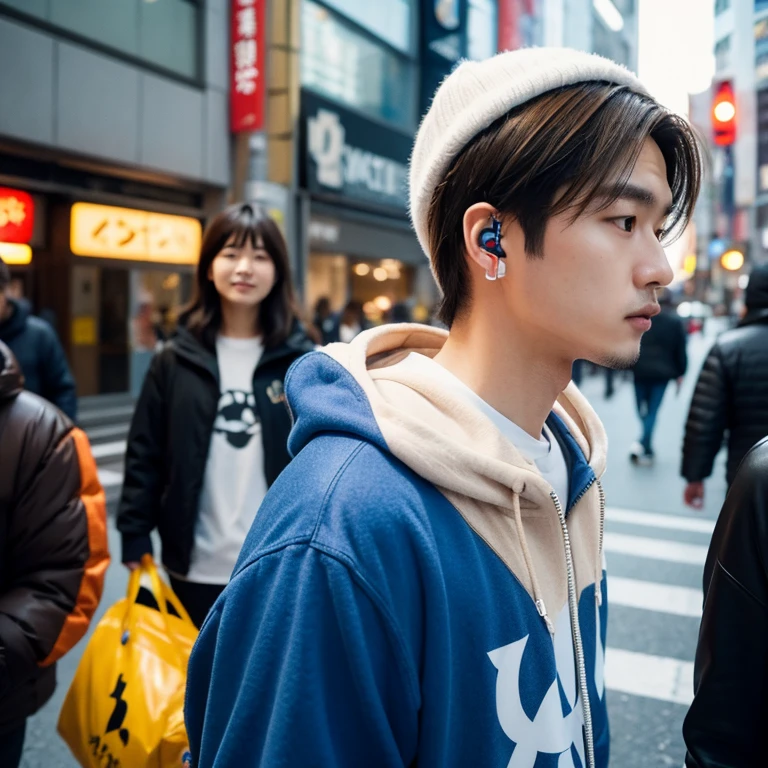 japanese guy, wearing pokemon hoodie, light brown hair holding cellphone, wearing airpods, shibuya background, day time,