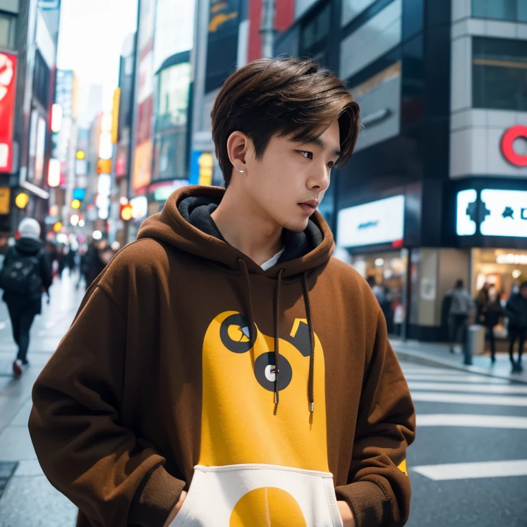 japanese guy, wearing pokemon hoodie, light brown hair holding cellphone, wearing airpods, shibuya background, day time, 