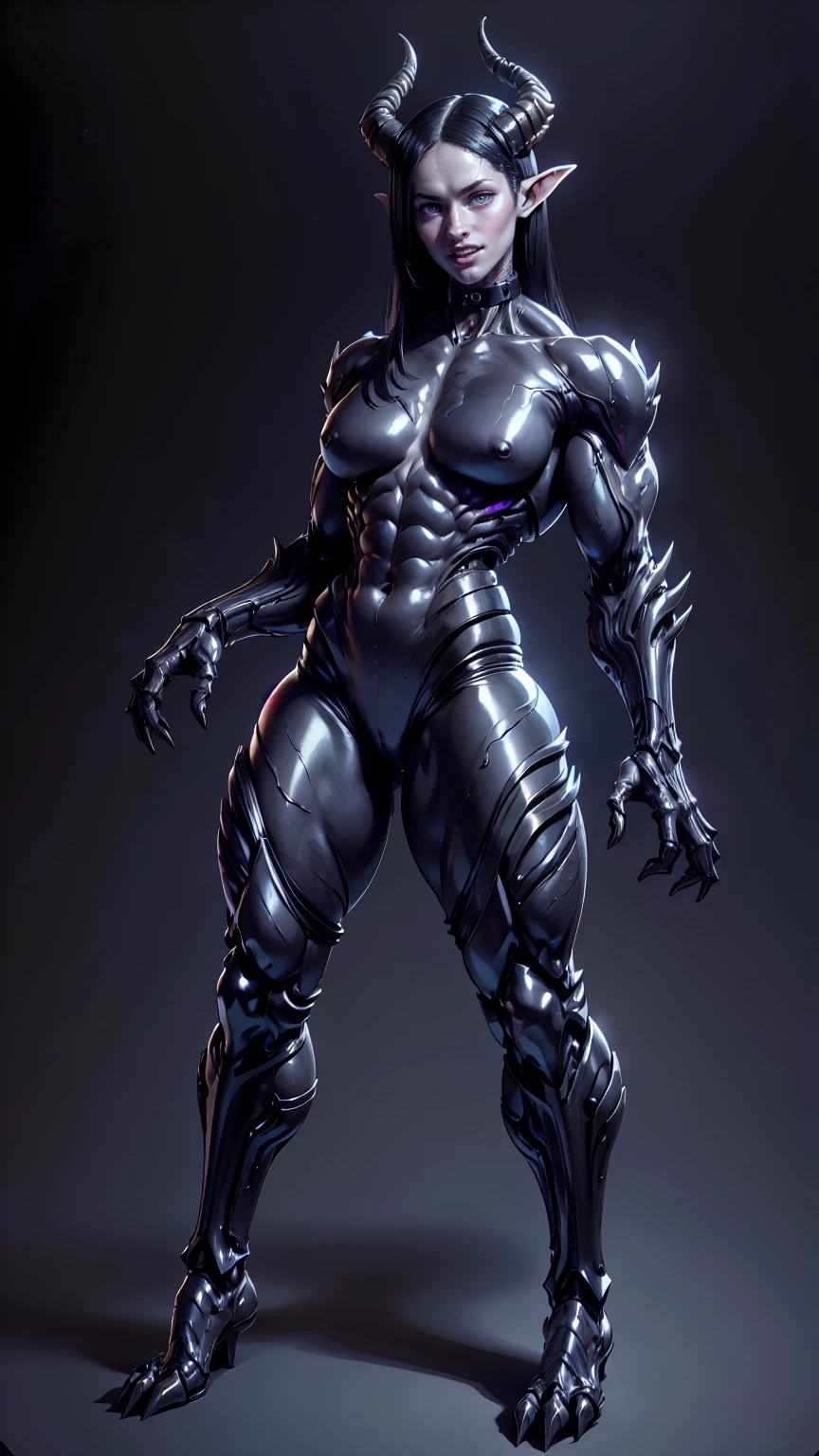 (draconic alien biomechanical succubus with carnage & witchblade physique:1.5), (megan fox as a muscular alien draconic biomechanical demonic woman with flayed skin, gigantic horns, & necrotic metallic muscle:1.5), (alien biomechanical full bodysuit:1.45), (perfect fingers:1.25), ((wide shoulders & upper body:1.25)), (very skinny legs:1), (huge muscular arms:1.25), (ten pack abs:1.25), (full body view:1.25), choker, detailed eyes, (looking at viewer), (smile:1.25), (blank dark background:1.25), in the art style of H.P. Giger, (beautiful girl face:1.25)