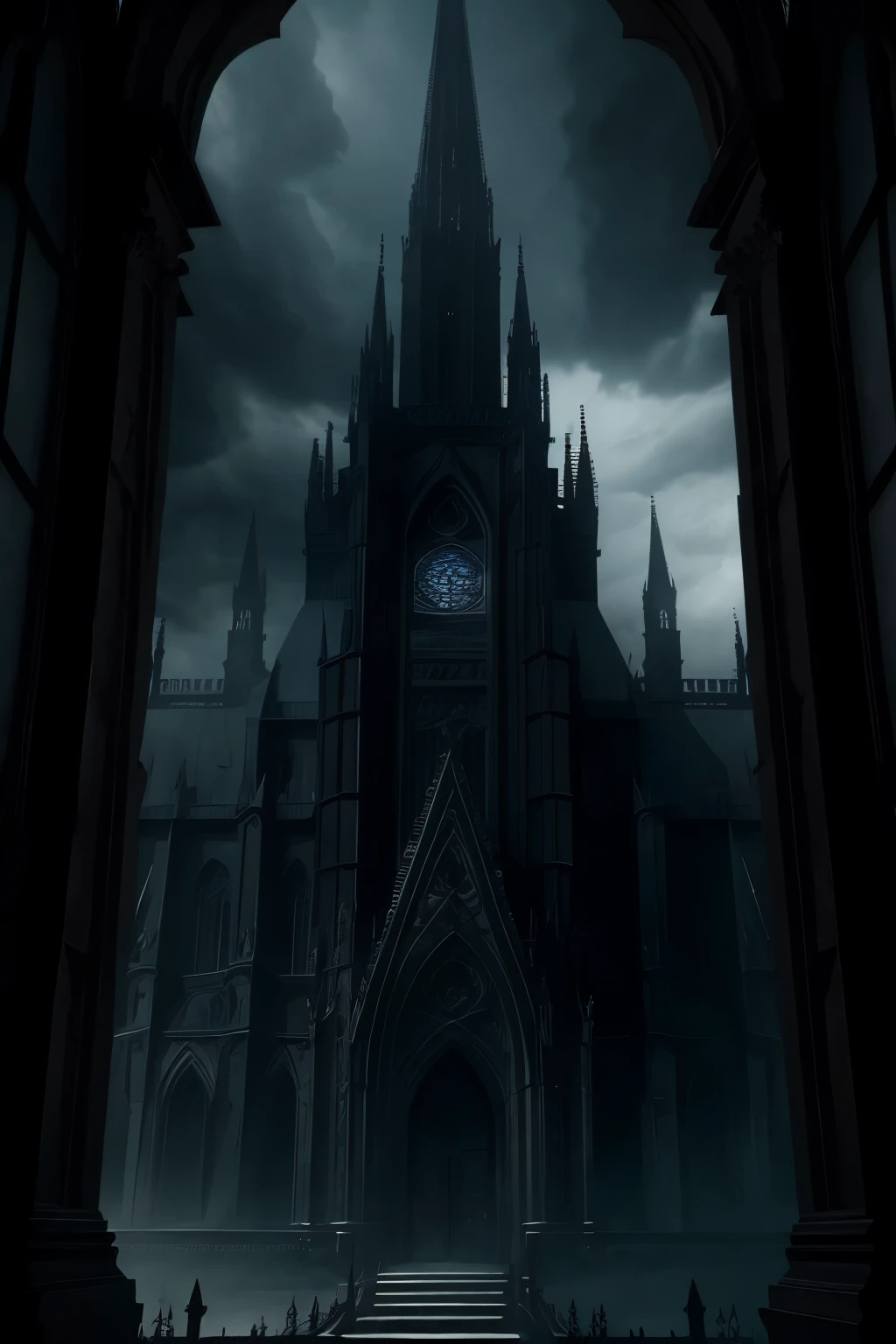 best quality, highres, HDR, dark, mysterious, ominous atmosphere, gothic architecture, towering spires, intricate details, intricate stained glass windows, menacing shadows, flickering candlelight, eerie atmosphere, stormy clouds, grand entrance, ancient stone carvings, elaborate gargoyles, hauntingly beautiful, surreal atmosphere, supernatural elements, dramatic lighting, ethereal presence, otherworldly beauty, demonic presence