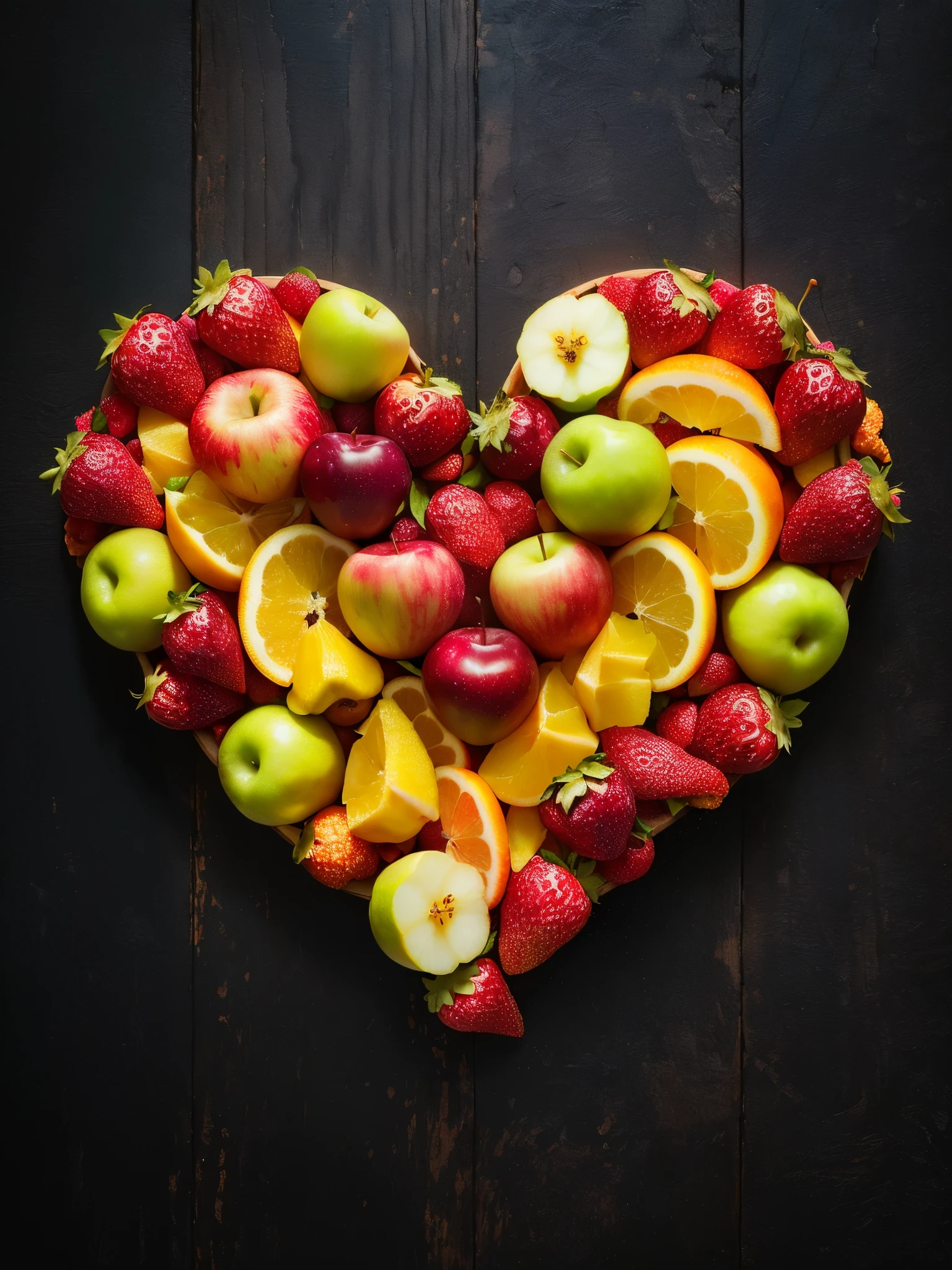 there is a heart shaped arrangement of fruits on a wooden table, fresh fruits, healthy, professional fruits photography, fruitss, stock, made of fruits and flowers, fruits, made of flowers and fruits, ❤🔥🍄🌪, delicious, shutterstock, Spare photo, Matthias Stom, stock image, amazing!, sentient fruits, fruits bowl, fresh, an apple