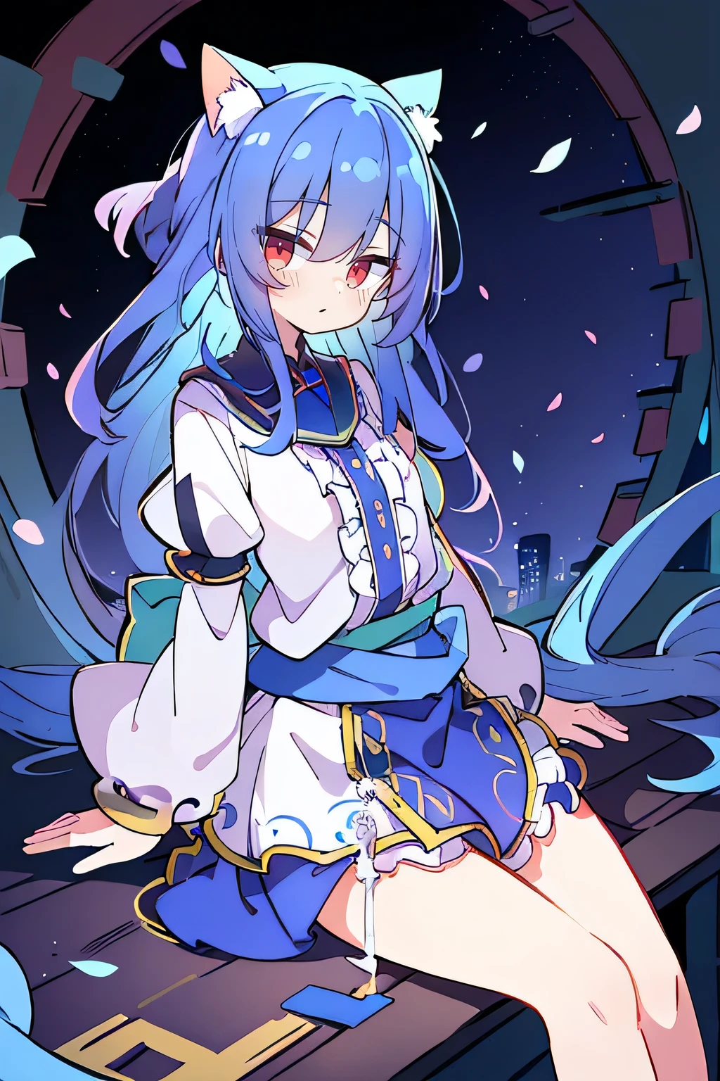 (masterpiece:1.2),Super detailed,Practical,expressive eyes,Fair skin,Perfect face shaping,1 Girl,
Japanese cartoons,Gorgeous blue hair, the long flowing blue hair,Floating clothes,Cat ears,Petals falling,beautiful lola,Young Angel,
Hands on waist,sit elegantly on the ground,Cross your legs,Gentle and peaceful background,Cool and cozy pavilion,Sunset,