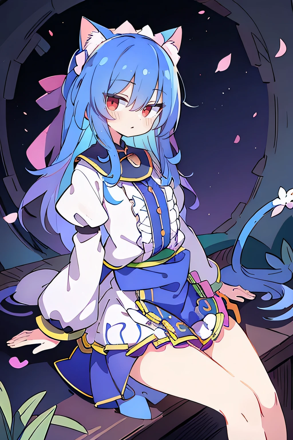 (masterpiece:1.2),Super detailed,Practical,expressive eyes,Fair skin,Perfect face shaping,1 Girl,
Japanese cartoons,Gorgeous blue hair, the long flowing blue hair,Floating clothes,Cat ears,Petals falling,beautiful lola,Young Angel,
Hands on waist,sit elegantly on the ground,Cross your legs,Gentle and peaceful background,Cool and cozy pavilion,Sunset,