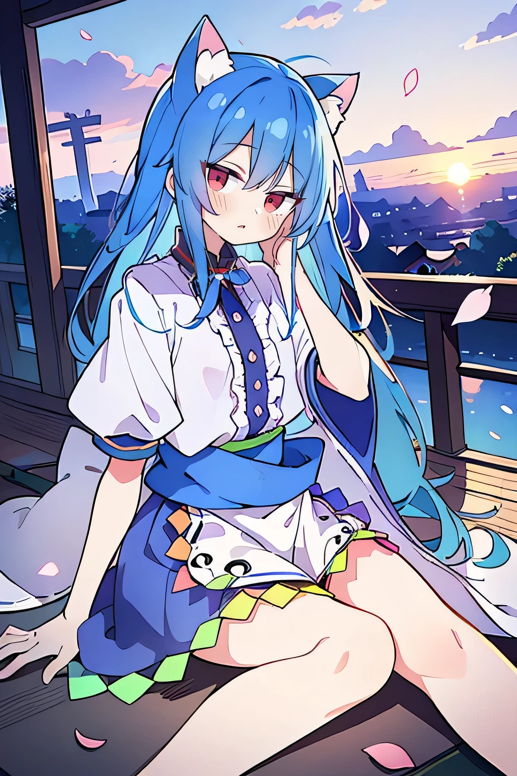 (masterpiece:1.2),Super detailed,Practical,expressive eyes,Fair skin,Perfect face shaping,1 Girl,
Japanese cartoons,Gorgeous blue hair, the long flowing blue hair,Floating clothes,Cat ears,Petals falling,beautiful lola,Young Angel,
Hands on waist,sit elegantly on the ground,Cross your legs,Gentle and peaceful background,Cool and cozy pavilion,Sunset,