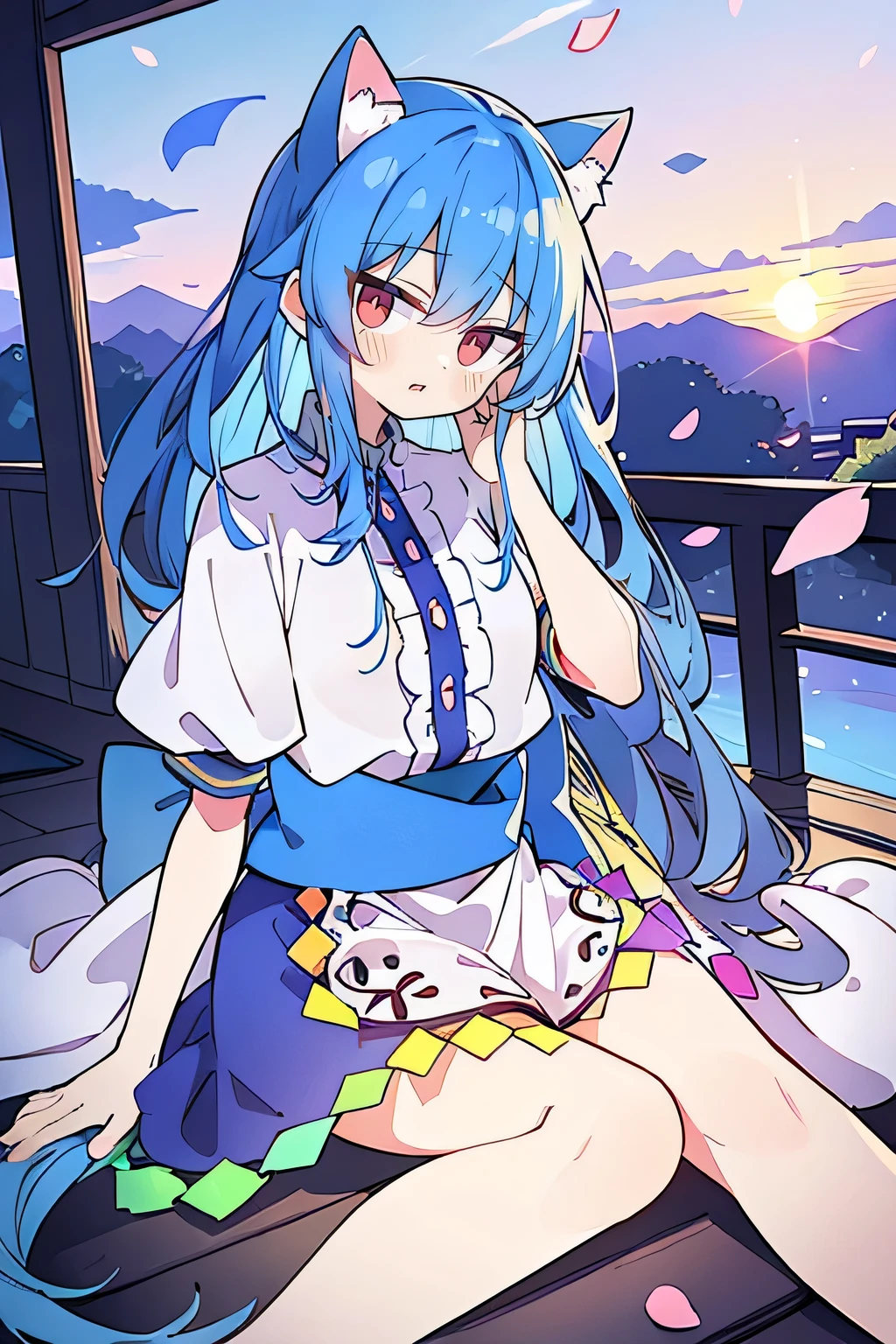 (masterpiece:1.2),Super detailed,Practical,expressive eyes,Fair skin,Perfect face shaping,1 Girl,
Japanese cartoons,Gorgeous blue hair, the long flowing blue hair,Floating clothes,Cat ears,Petals falling,beautiful lola,Young Angel,
Hands on waist,sit elegantly on the ground,Cross your legs,Gentle and peaceful background,Cool and cozy pavilion,Sunset,