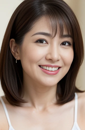 Masseter Film, highest quality, masterpiece, High resolution, realism, Original photo, 8k wallpaper, perfection, Professional Lighting, Very detailed, Written boundary depth, ((Sexy beautiful woman)), ((Sexy 42 year old woman)),,  ((smile)), Detailed face, Beautiful Eyes,, bangs, She has big breasts and a nice figure, (sexy look),, (Thick lips), Large Breastsが見えるよ,View from the front,Large Breasts,Tank top,Open your mouth wide,Naughty face