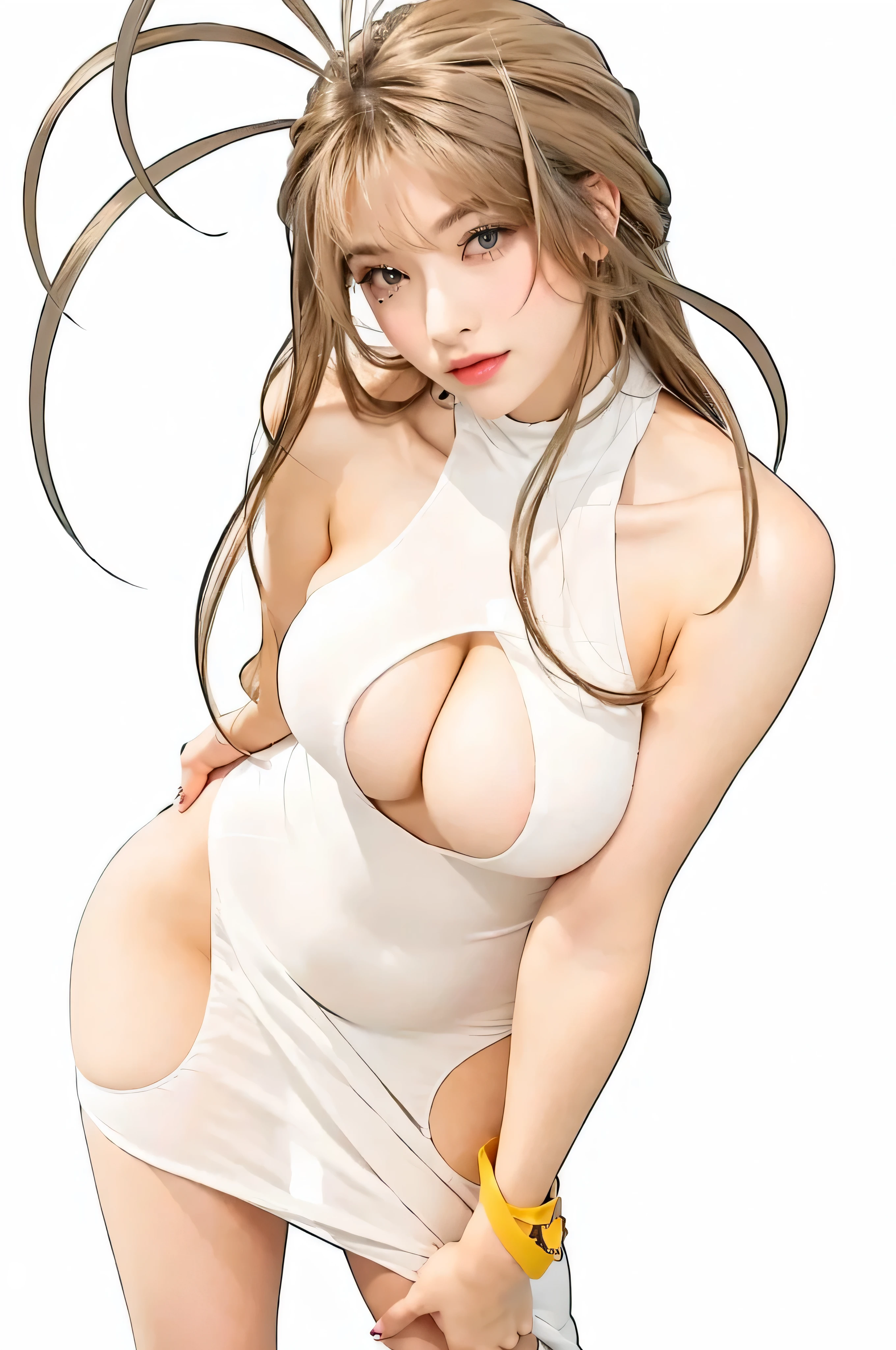 girl with big breasts posing for the camera, wite dress