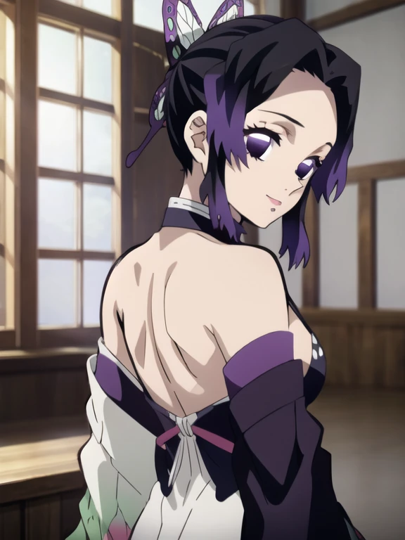 EFT_Shinobu, 1girl, kochou shinobu, butterfly hair ornament, solo, hair ornament, purple hair, multicolored hair, purple eyes, black hair, medium breast, seductive smile, looking at viewer, blurry background, indoors, japanese house, half body, slim, ((masterpiece)), best quality, high detailed illustration, high detailed background, hi-res, standing, upper body, (bikini), showing her back