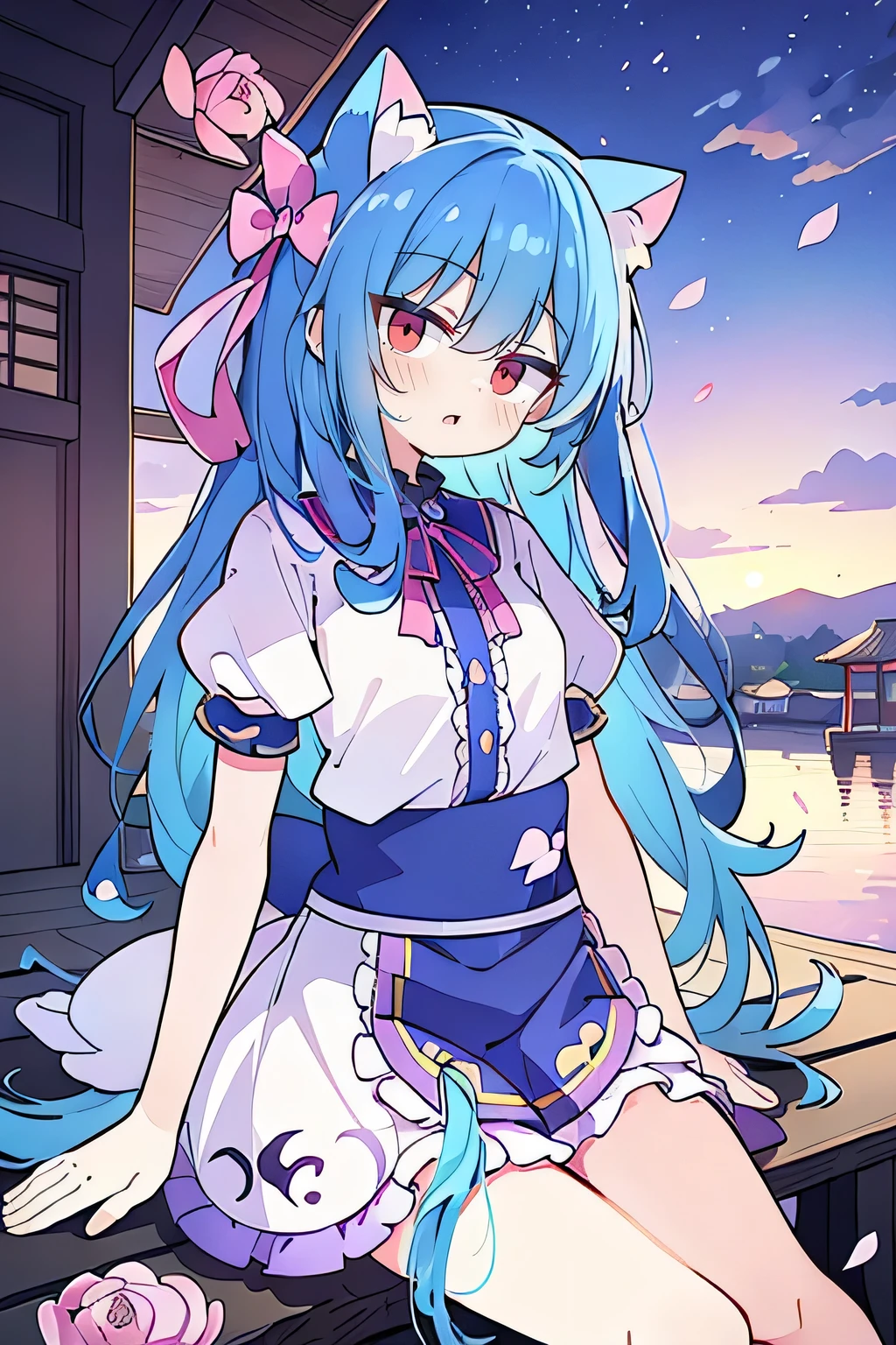 (masterpiece:1.2),Super detailed,Practical,expressive eyes,Fair skin,Perfect face shaping,1 Girl,
Japanese cartoons,Gorgeous blue hair, the long flowing blue hair,Floating clothes,Cat ears,Petals falling,beautiful lola,Young Angel,
Hands on waist,sit elegantly on the ground,Cross your legs,Gentle and peaceful background,Cool and cozy pavilion,Sunset,