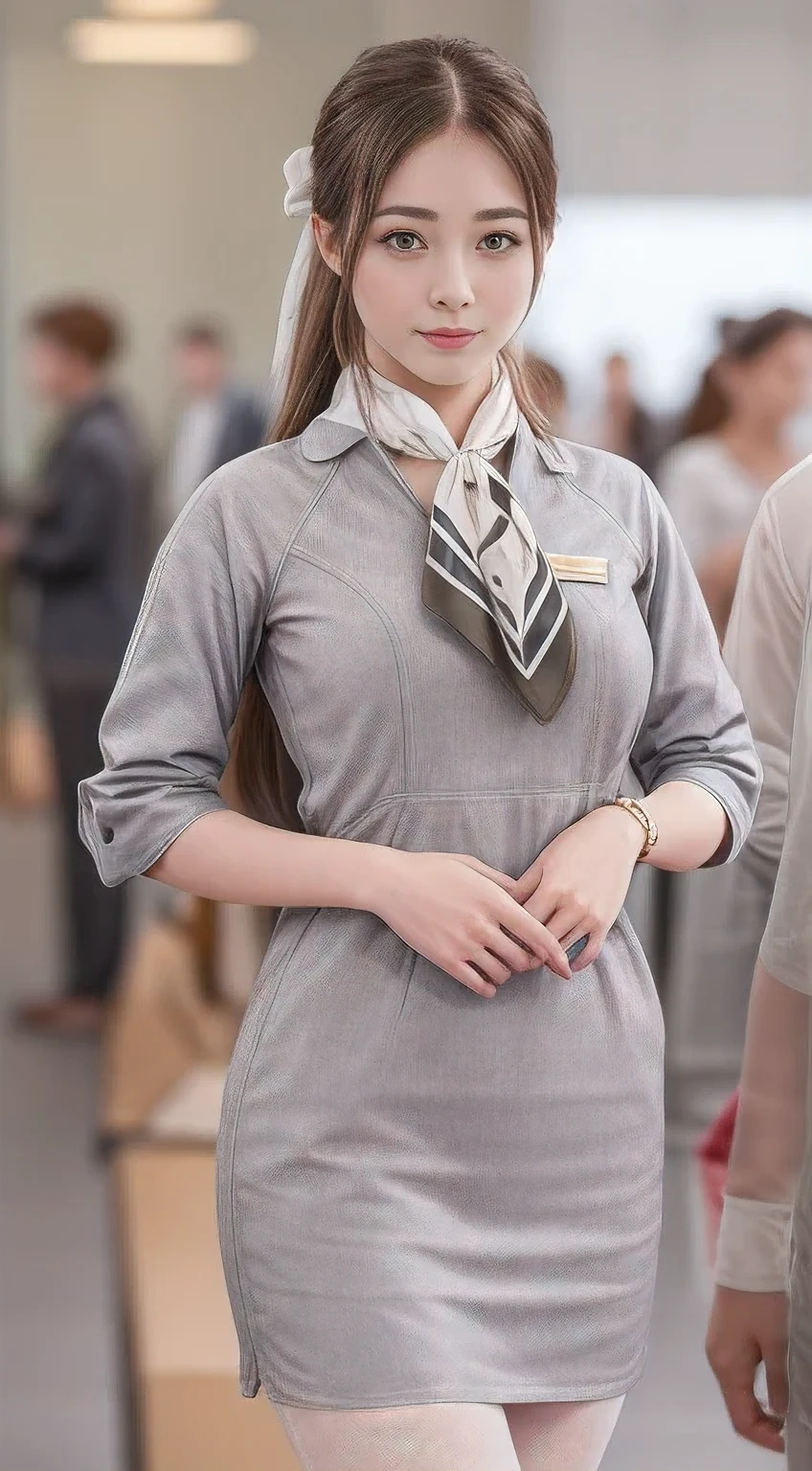 (masterpiece:1.2、highest quality:1.2)、32K HDR、High resolution、(alone、1 girl、Slim figure)、(Realistic style with Starlux Airlines uniform)、 (In the airport lounge, Professional Lighting)、A proper woman, Beautiful Face,、(Starlux Airlines silver uniform:1.4)、(Starlux Airlines silver uniform with short sleeves)、(scarf on chest)、Big Breasts、(Long hair updo、Evening updo)、Dark brown hair、Long Shot、((Fine hand:2.0))、((Harmonious body proportions:1.5))、((Normal limbs:2.0))、((Normal finger:2.0))、((Delicate eyes:2.0))、((Normal eyes:2.0)))、Beautiful standing posture