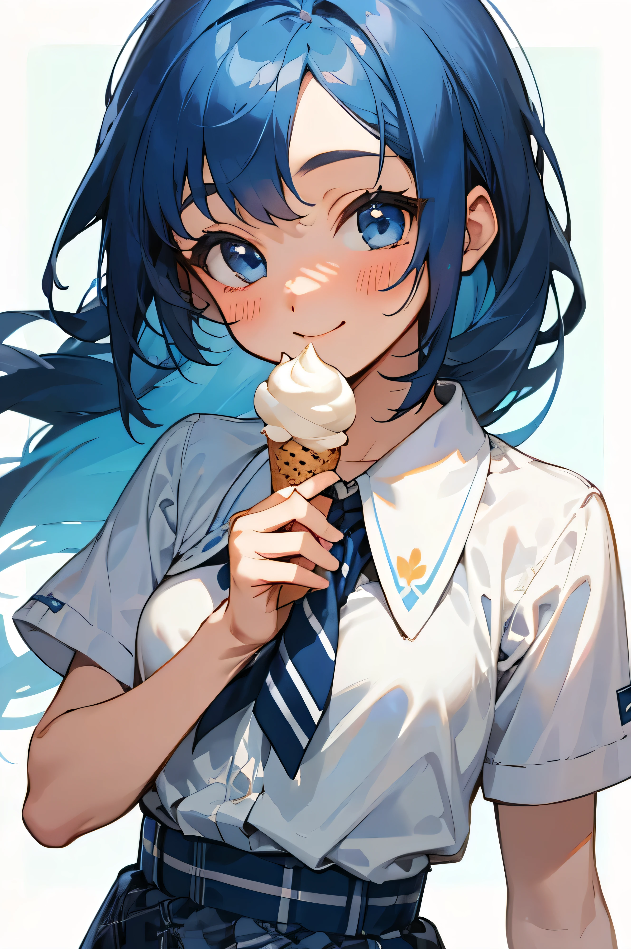 16-year-old girl、Blue Hair、long hair, Blue Eyes、smile、blush、Small breasts、white blouse shirt、Checked mini skirt、Upper body close-up、Have a soft-serve ice cream