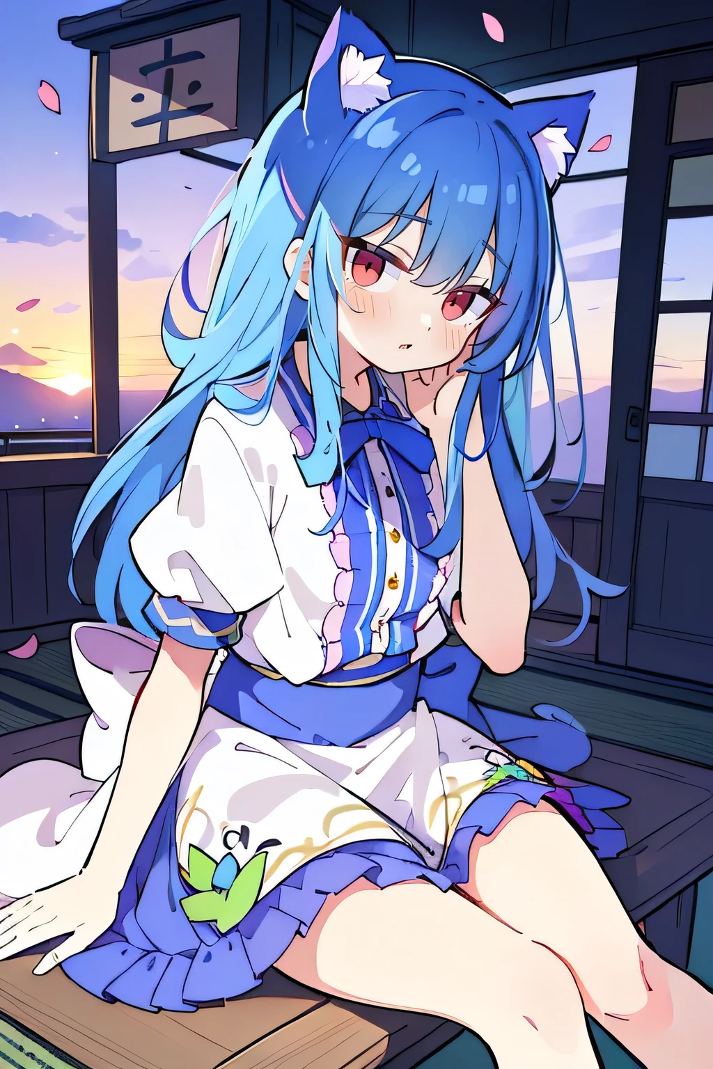 (masterpiece:1.2),Super detailed,Practical,expressive eyes,Fair skin,Perfect face shaping,1 Girl,
Japanese cartoons,Gorgeous blue hair, the long flowing blue hair,Floating clothes,Cat ears,Petals falling,beautiful lola,Young Angel,
Hands on waist,sit elegantly on the ground,Cross your legs,Gentle and peaceful background,Cool and cozy pavilion,Sunset,