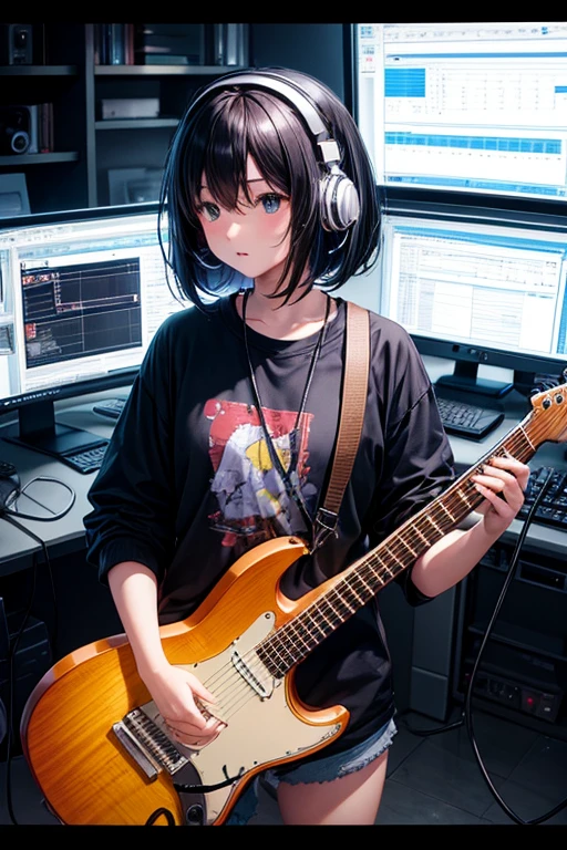 computer、Multiple production status monitors、Dimly lit room、Girl typing on keyboard、Put on headphones、holding a electric guitar、Black-haired、Bob Hair、Display drum set on monitor、