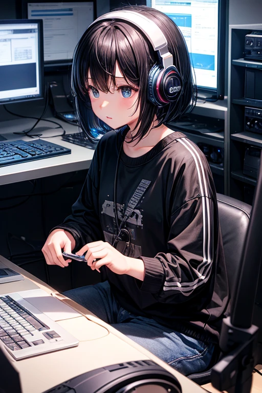 computer、Multiple production status monitors、Dimly lit room、Girl typing on keyboard、Put on headphones、holding a electric guitar、Black-haired、Bob Hair、Display drum set on monitor、