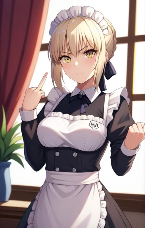score_9, score_8_up, score_7_up, score_6_up, score_5_up, score_4_up, BREAK source_anime, 1girl, clothed, saber alter, indoors, potted plant, window, sunlight, by kasumi \(skchkko\), looking at viewer, serious, dutch angle, maid uniform, braid, double middle finger,