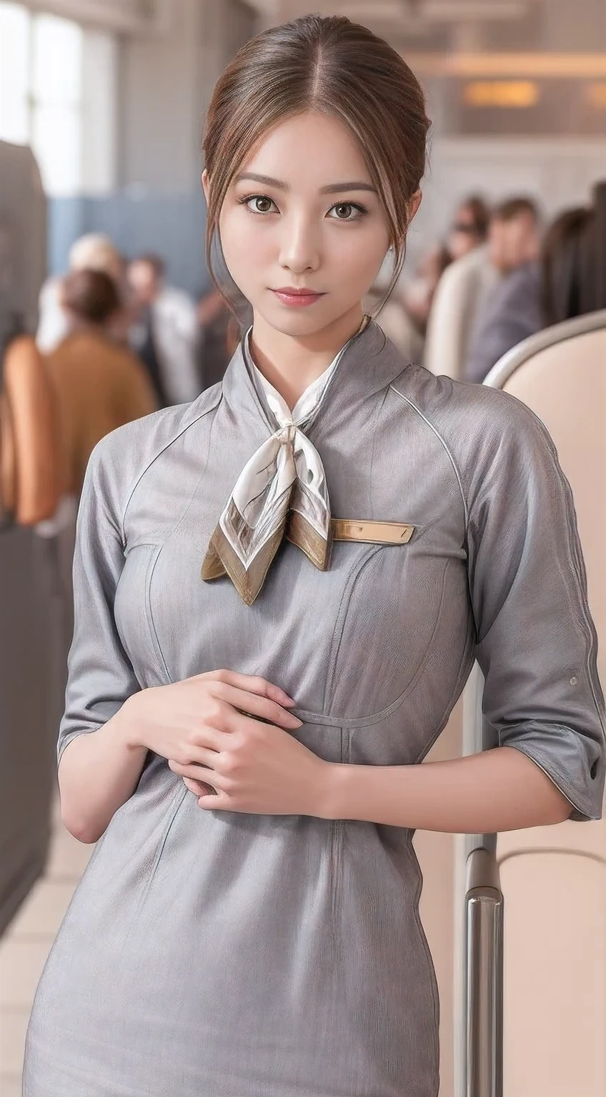 (masterpiece:1.2、highest quality:1.2)、32K HDR、High resolution、(alone、1 girl、Slim figure)、(Realistic style with Starlux Airlines uniform)、 (In the airport lounge, Professional Lighting)、A proper woman, Beautiful Face,、(Starlux Airlines silver uniform:1.4)、(Starlux Airlines silver uniform with short sleeves)、(scarf on chest)、Big Breasts、(Long hair updo、Evening updo)、Dark brown hair、Long Shot、((Fine hand:2.0))、((Harmonious body proportions:1.5))、((Normal limbs:2.0))、((Normal finger:2.0))、((Delicate eyes:2.0))、((Normal eyes:2.0)))、Beautiful standing posture