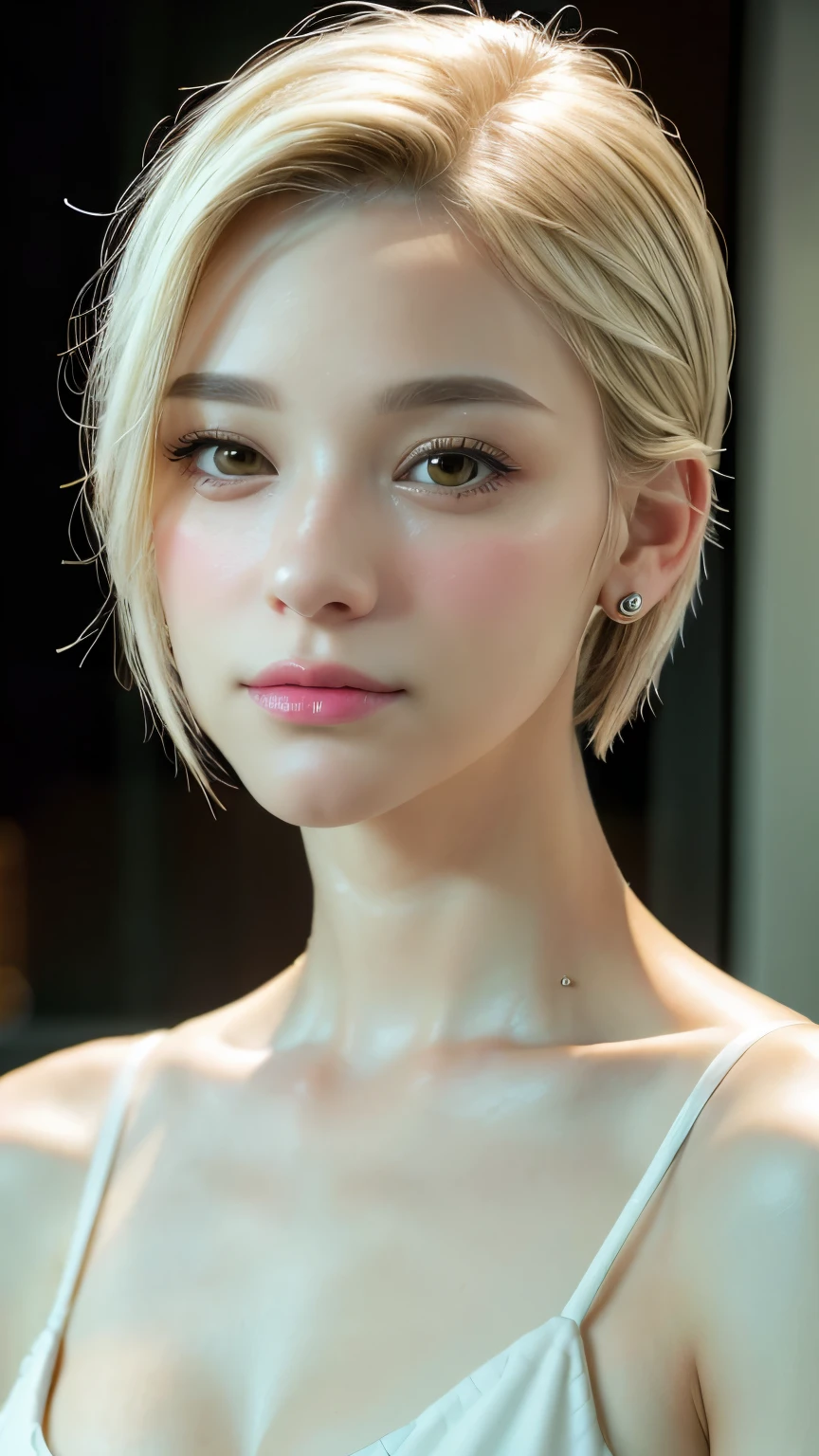 (masterpiece), ((highest quality)), Broke up lips, Light_smile, cinematic Lighting, ultra-Realistic, ((Realistic)), (Gwen_stacy), blonde_hair, short_hair, alone, Side cut, asymmetrical_hair, Broke up_lips, eyebrow_Earrings, (Detailed face), beautiful One girl, One girl, View your viewers, (Beautiful fine details), bodysuit, white Foodie, Food_Down, upper_body, (Shave the sides of your head),