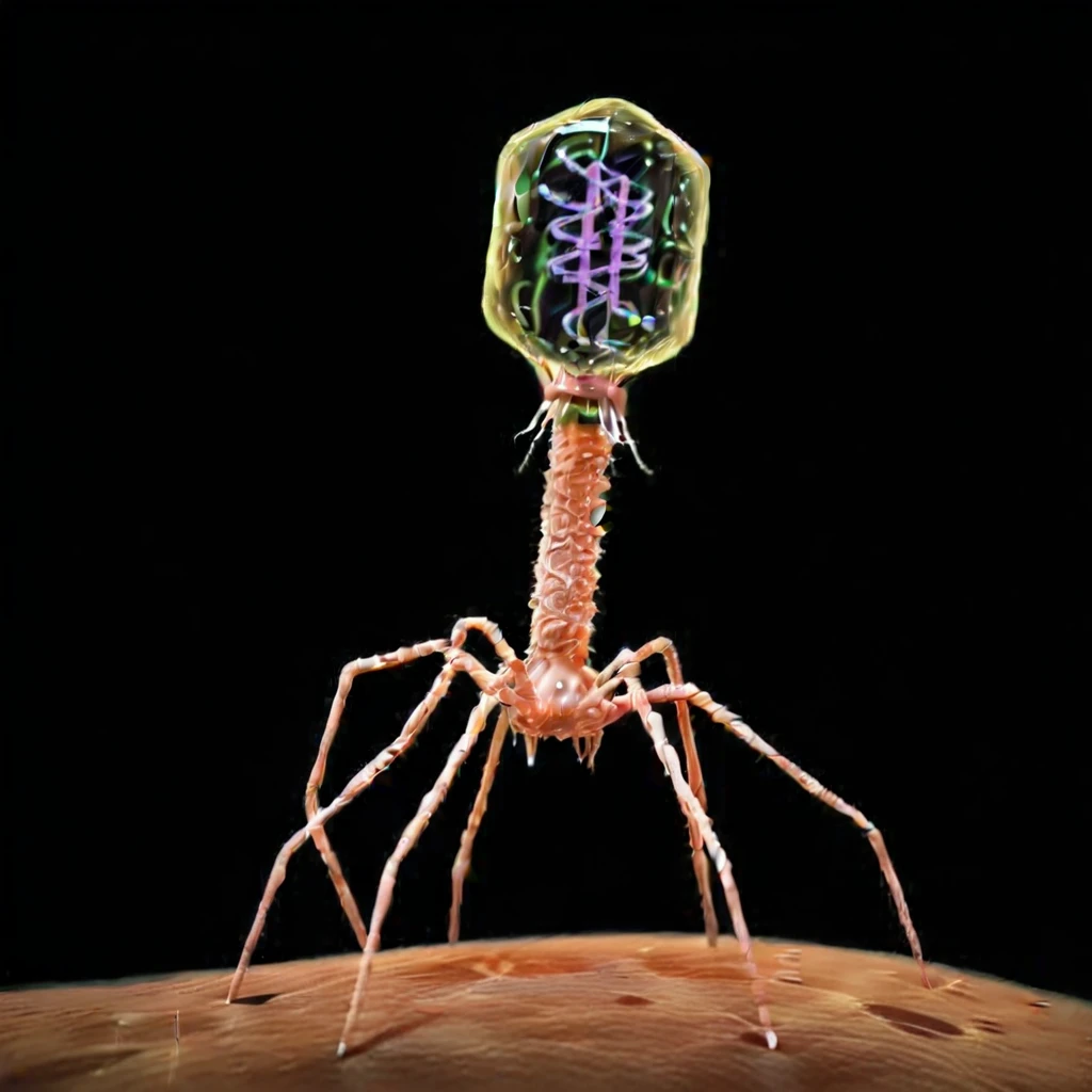 phage, monoclone, attacking bacteria、It has a double helix of genes inside its transparent head、Screw-like body、Spider-like legs、No face、There is no one、