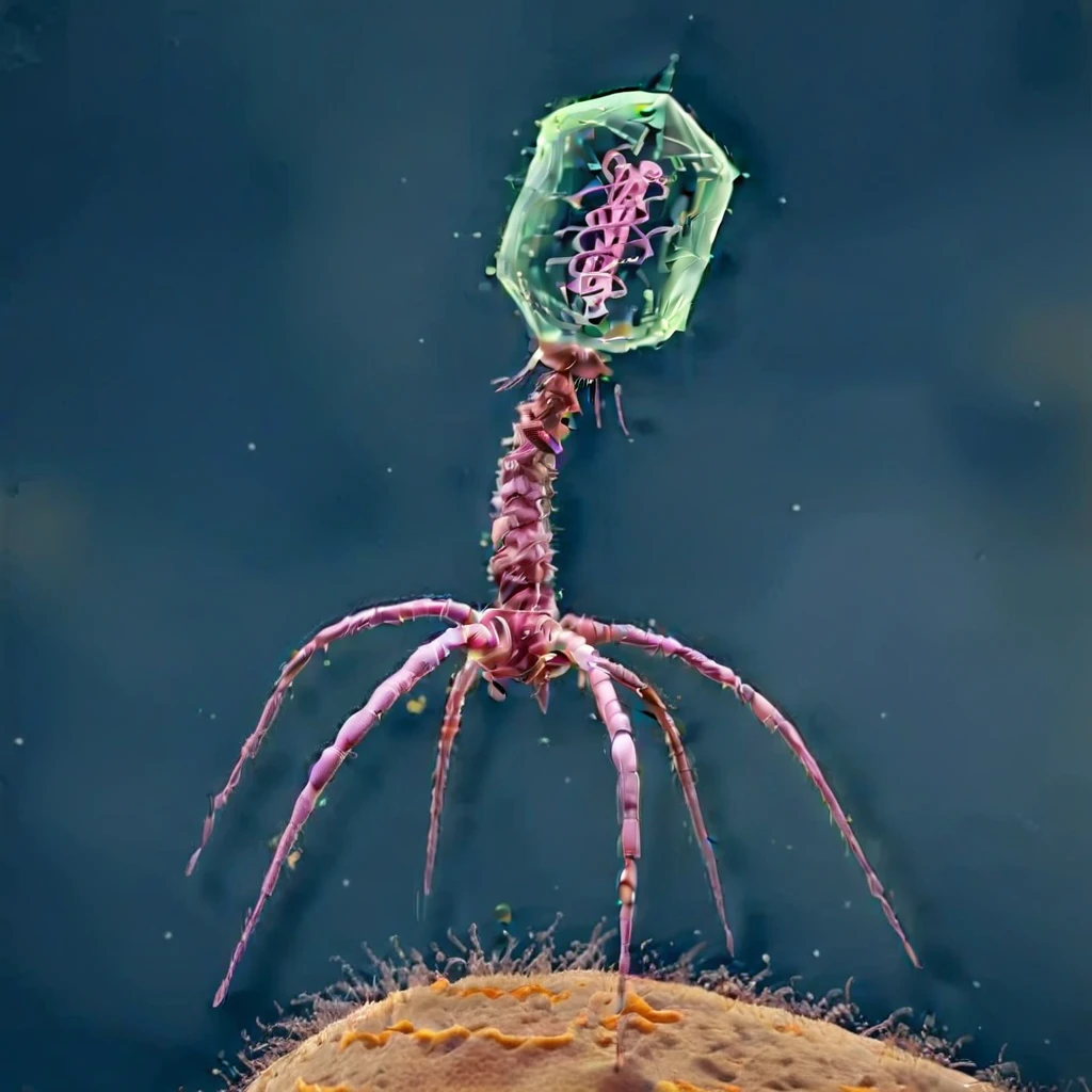 phage, monoclone, attacking bacteria、It has a double helix of genes inside its transparent head、Screw-like body、Spider-like legs、No face、There is no one、