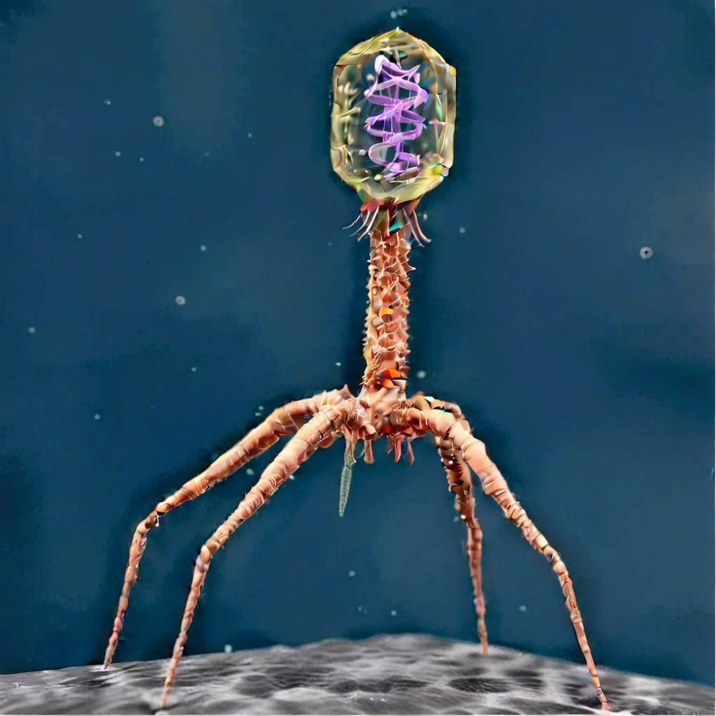 phage, monoclone, attacking bacteria、It has a double helix of genes inside its transparent head、Screw-like body、Spider-like legs、No face、There is no one、