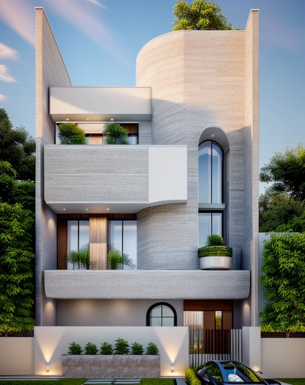 (masterpiece),(high quality), best quality, real,(realistic), super detailed, (full detail),(4k),8k,modern house exterior design,Modern architecture,Beautiful_sky,Day light, no_humans, outdoors,sky,tree,Garden flower front of building,