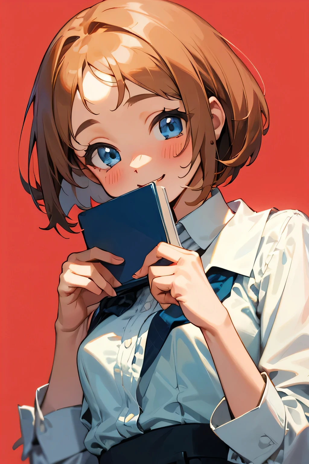 -yeld giChestnut Hair、Bobcut, Blue Eyes、smile、blush、Small breasts、white blouse shirt、Checked mini skirt、Upper body close-up、Holding a book