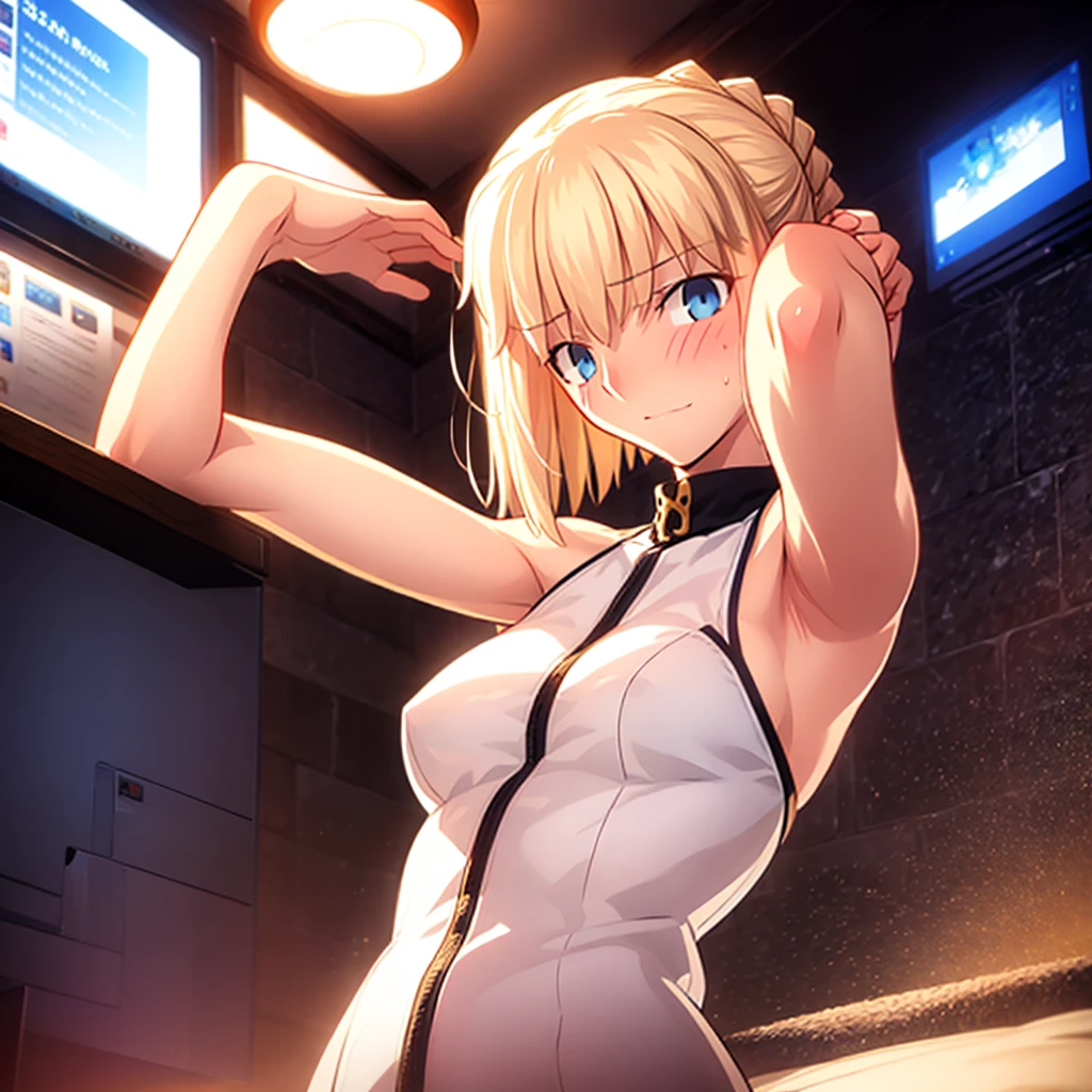 High resolution, {Things to know_f de stay night ufotable:1.15}, Rubio_ Best Quality, masterpiece,nude,Sweatだく,Blushing,smile,Armpitアップ,Sweat,Armpitを広げて見せている,bed,Moist,Blonde,whole body,pubic hairあり,Love juice,Armpit,side,sideの下,Armpitの下,sideアップ,Sweatをかいている,sideSweat,Upper Body, 1 person,sideズーム,Armpitズーム,Armpitを見せつける,sideを見せつける,Place your arms behind your head.,nude,Raise your arms, Inner cavity reflection,whole body,Two arms,Alone,sexy,1 personだけ,Looking at me,Semen dripping from the vagina,front,pubic hair,Obscene lines,Ray tracing,Slender body,E Cup,Embarrassing,Armpit強調,side強調,ArmpitSweat,sideSweat,Wet Skin,Noise Reduction,((Place your hands behind your head)),Emphasis on the crotch,Chest Enhancement,stage,Perfect lighting,顔はfrontを見ている,Look up,looking at the camera,真front,I don't want to go away.,体をfront,両Raise your arms,Place your arms behind your head.,Embarrassing,Hands behind head,Hotel Rooms,bedの上,Armpit見せポーズ,side見せポーズ,フルnude