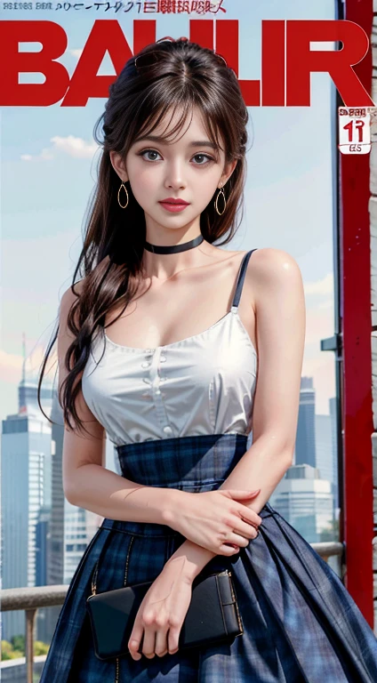 masterpiece, Great work, whole body, One girl, bangs, Black choker, Black tie, Black Hair, Blue clothes, blush, bracelet, Beautiful breasts, choker, corset, clavicle, Collared shirts, Denim Photos, Dress shirts, Earrings, Eyebrows visible through hair, Gradient Hair, Grin, Improve, jewelry, Kogal, Long Hair, Looking at the audience, Loose tie, tie, Earrings, Plaid skirt, Plaid skirt, Pleated skirt, Red eyes, ring, , shirt, skirt, smile, alone, 白のshirt, street, null, cherry blossoms, petal, figure, (magazine: 1.3), (cover style: 1.3), Genuine, fashionable, woman, vitality, dressing, Pause, front, colorful, dynamic, background, element, have confidence, Expressive, Holding, statement, Attachments, Majestic, Coiled, The surrounding area, touch, scene, article, cover, bold, Eye-catching, title, fashion, font, Catchy, title, Greater than, Eye-catching, Modern, fashionable, Concentrated, fashionable,