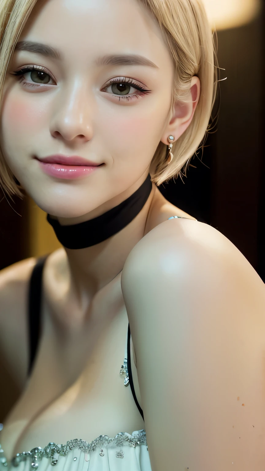 (masterpiece), ((highest quality)), Broke up lips, Light_smile, cinematic Lighting, ultra-Realistic, ((Realistic)), (Gwen_stacy), blonde_hair, short_hair, alone, Side cut, asymmetrical_hair, Broke up_lips, eyebrow_Earrings, (Detailed face), beautiful One girl, One girl, View your viewers, (Beautiful fine details), bodysuit, white Foodie, Food_Down, upper_body, (head shot:1.5)