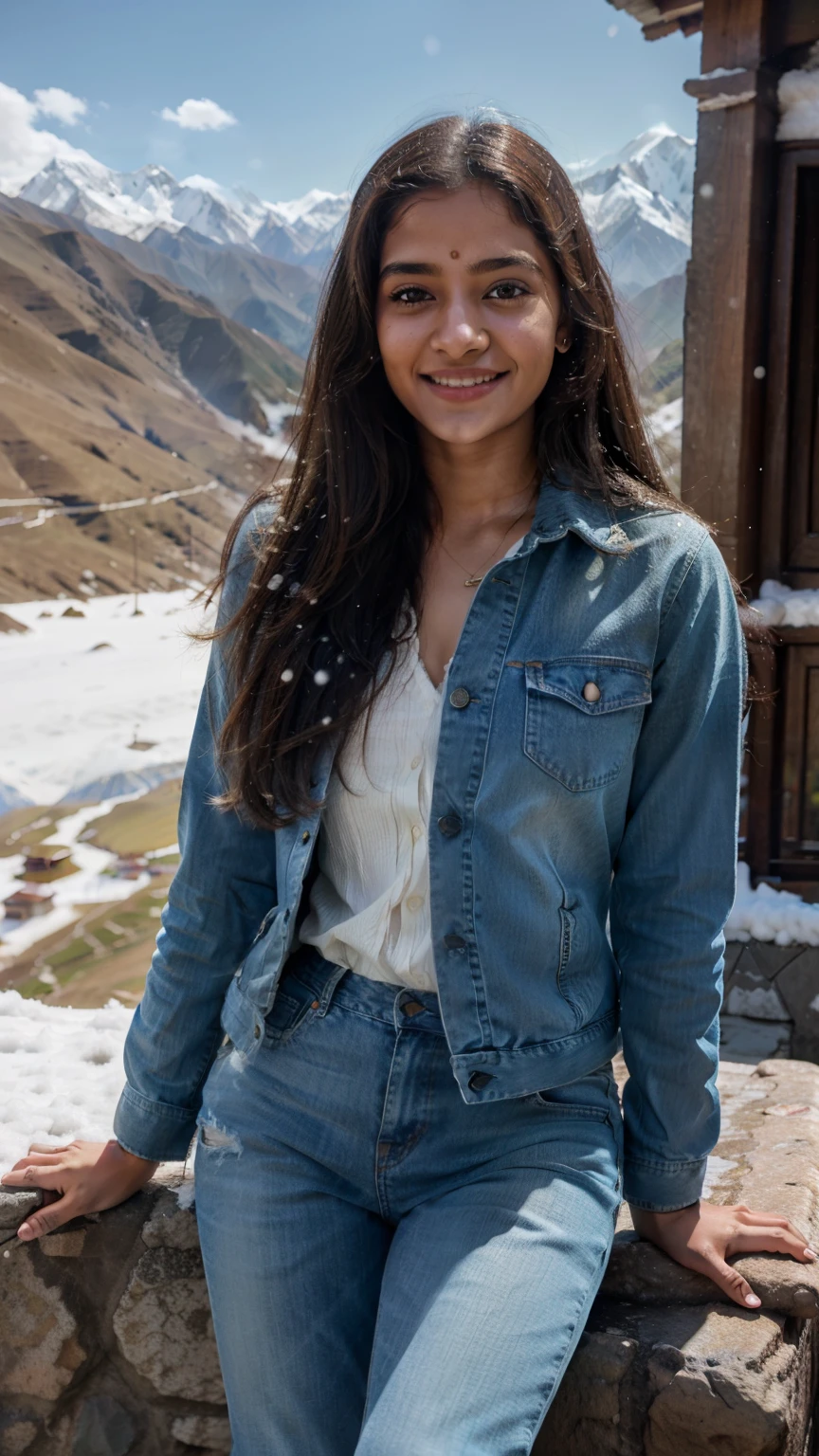 kerala girl, looks like Hermoine Granger, smiling, playing with hair, with realistic skin texture, at the Himalayas, on a mountain top, enjoying the view, cold, snow, wearing a jacket and jeans, sunlit, realistic mobile photography, luxury, realistic body, realistic dress,