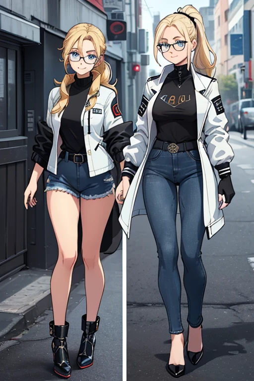 female, blonde long hair in a ponytail, blue eyes, (((1girl))), (((white and black jacket with rolled up sleeves))), (black shirt), (blue denim jeans), (black belt), (black low heels), (black fingerless gloves), (glasses), cute and sexy, full body, modest breasts, modest butt, long legs, smiling