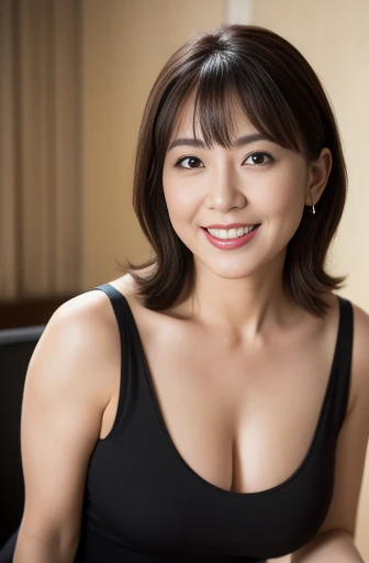 Masseter Film, highest quality, masterpiece, High resolution, realism, Original photo, 8k wallpaper, perfection, Professional Lighting, Very detailed, Written boundary depth, ((Sexy beautiful woman)), ((Sexy 42 year old woman)),, ((smile)), Detailed face, Beautiful Eyes,, bangs, She has big breasts and a nice figure, (sexy look),, (Thick lips), Large Breastsが見えるよ,View from the front,Large Breasts,Tank top,Please open your mouth wide,Sticking out tongue