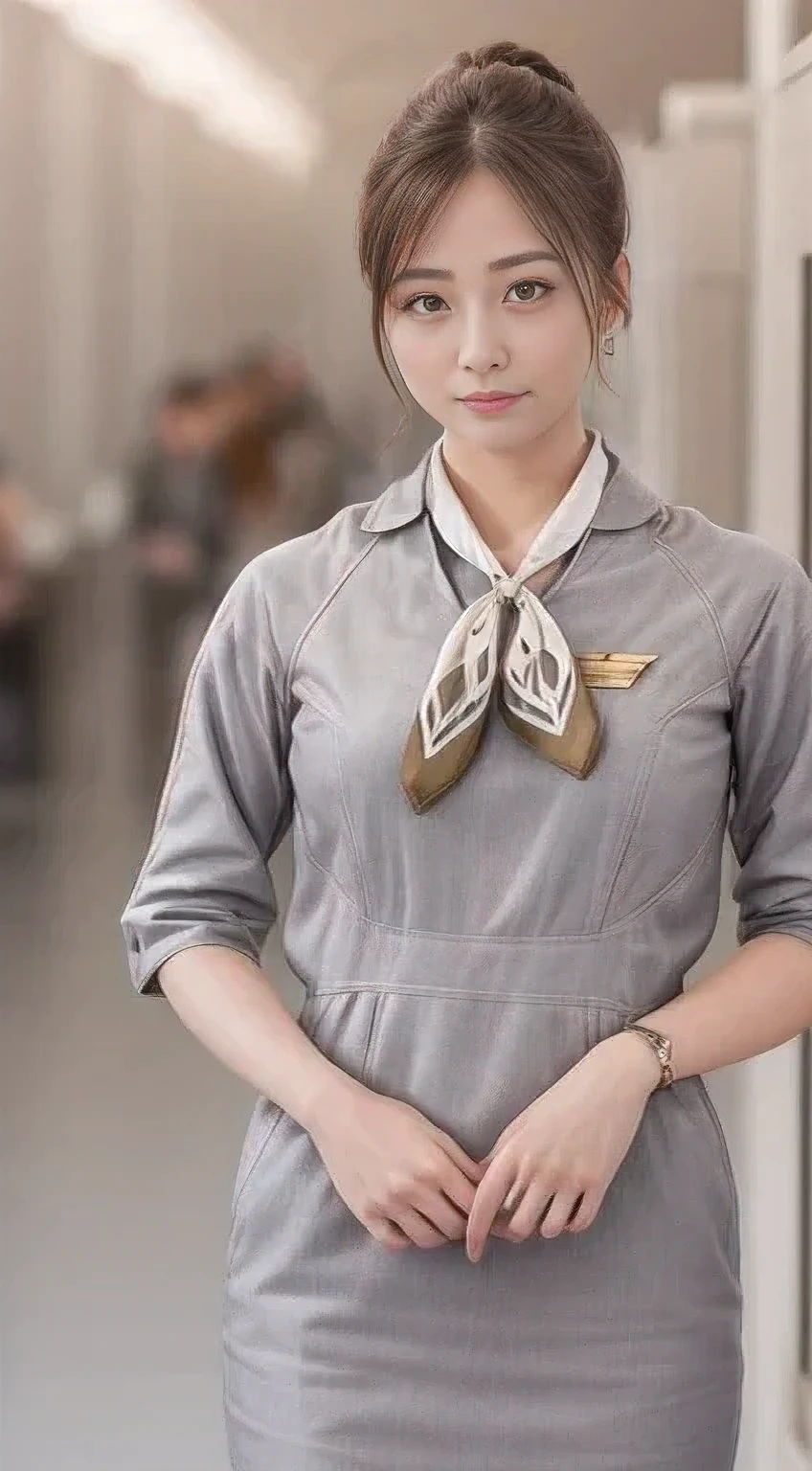 Starlux Airlines silver short sleeve uniform、Earrings、Captivating look、Long hair updo、Evening updo、Young Japanese Woman