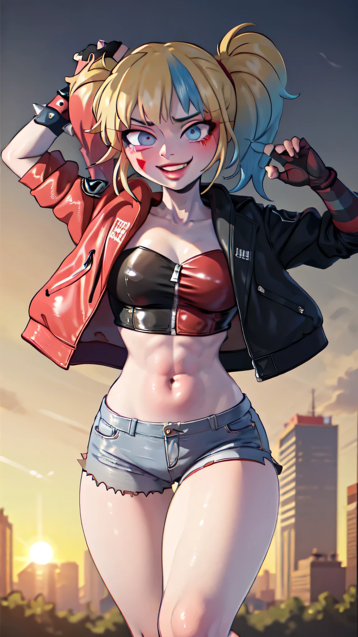 (masterpiece, best quality:1.2), solo, 1girl, isekaiharley, smile, looking at viewer, running, twintails, v-shaped eyebrows, two-tone jacket, crop top, short shorts, torn pantyhose, fingerless gloves, choker, spiked bracelet, cityscape scenery, running, sunset 