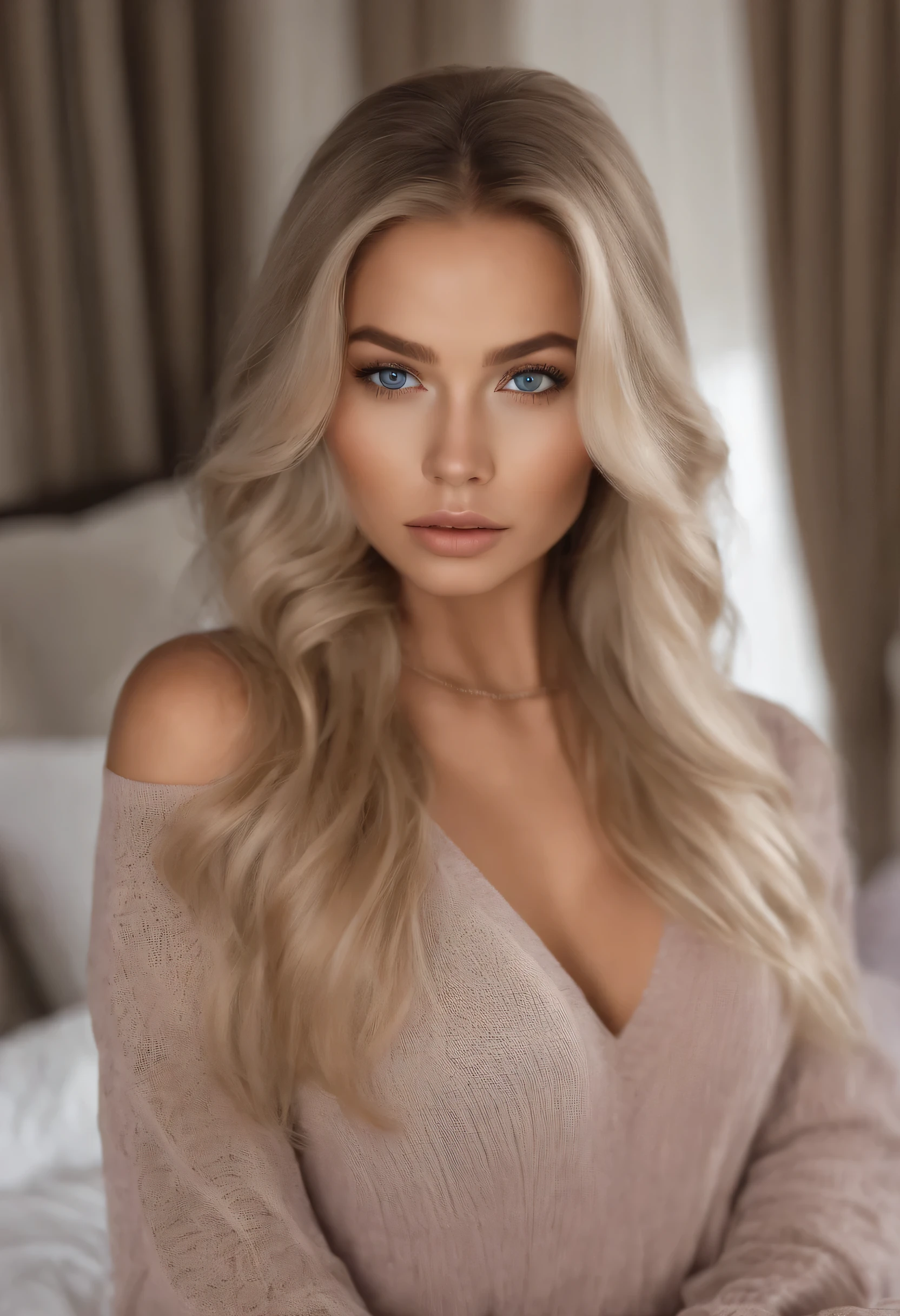 arafed femme pleinement , Fille sexy aux yeux bleus, ultra realistic, meticulously detailed, Portrait de Sophie Mudd, cheveux blonds et grands yeux, selfie d&#39;une jeune femme, Yeux de chambre, Violette Myers, sans maquillage, Maquillage naturel, regarder directement la caméra, visage avec artgram, maquillage subtil, superbe photo de tout le corps à genoux sur le lit, dans la chambre, medium to large bust