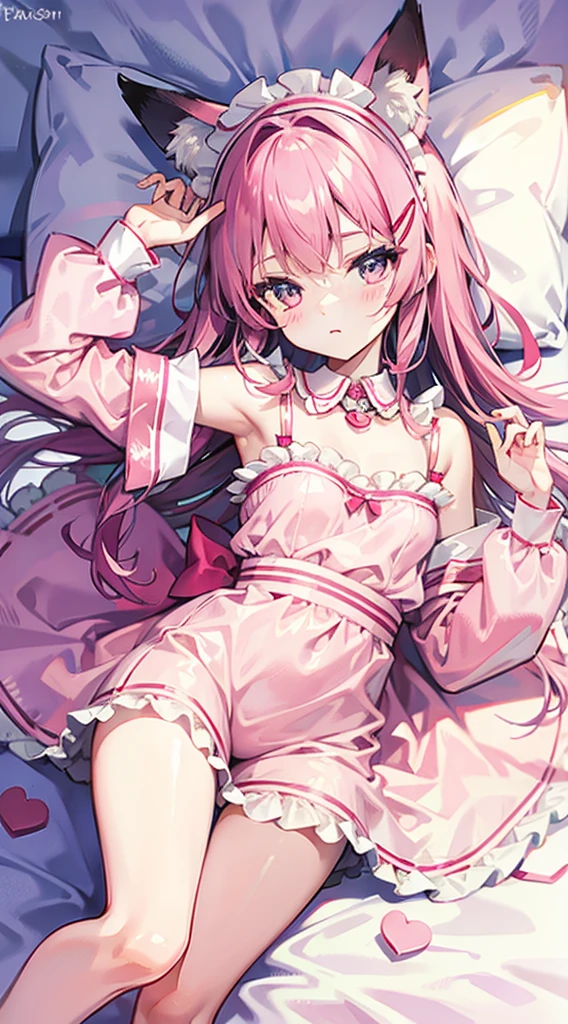 Fox ears,Pink pajamas,Maid headdress,Handcuffs,Collar,bedroom