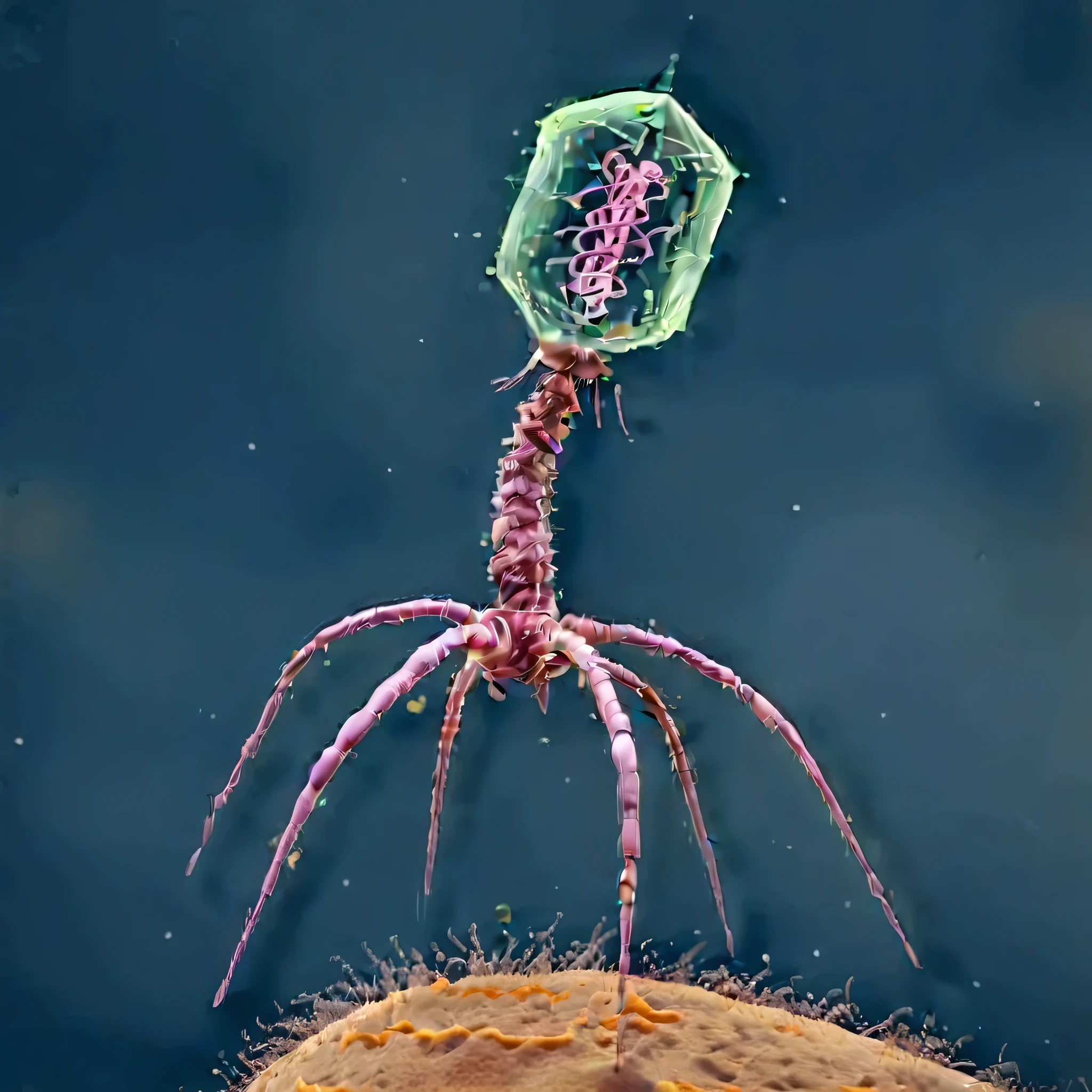 phage, monoclone, attacking bacteria、It has a double helix of genes inside its transparent head、Screw-like body、Spider-like legs、No face、There is no one、