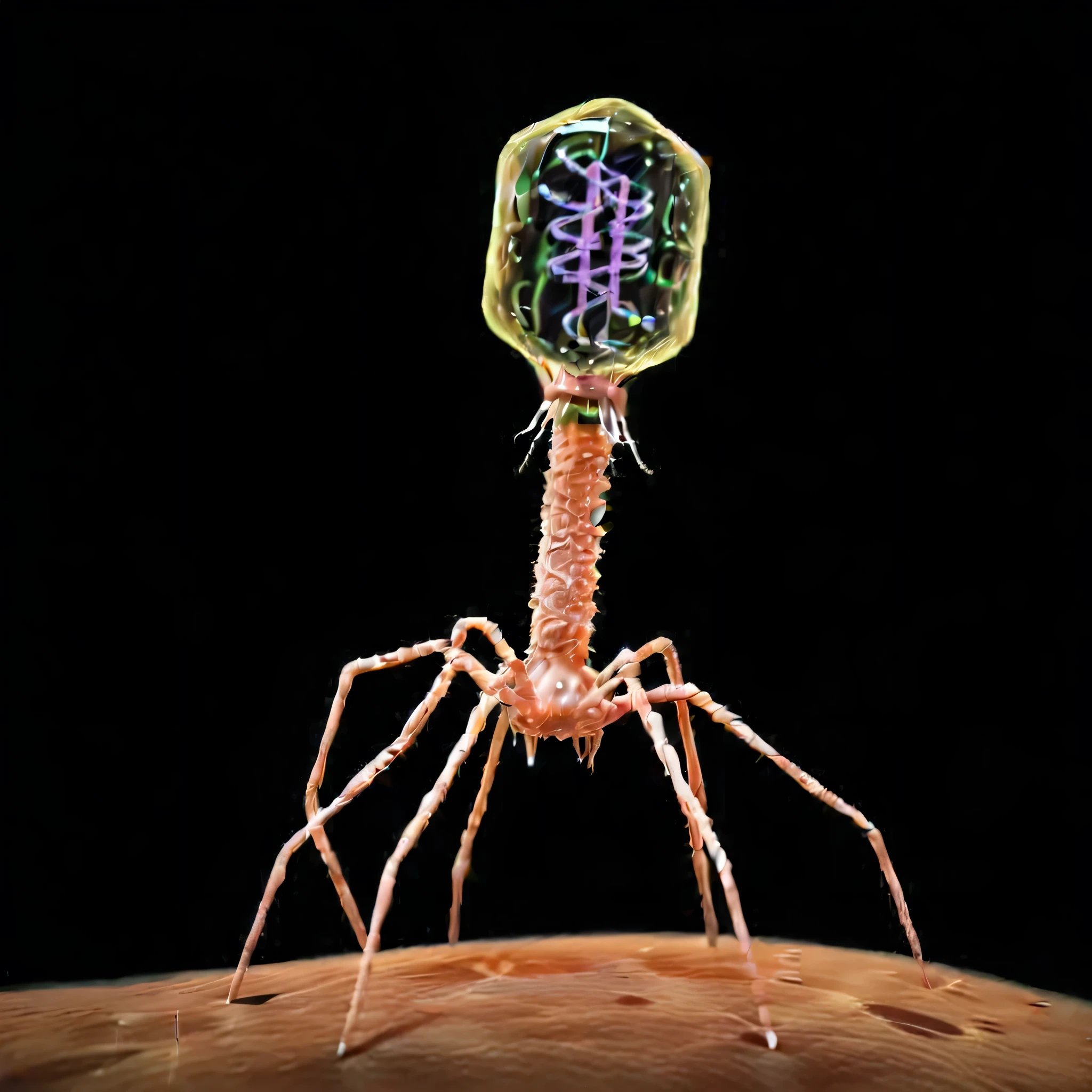 phage, monoclone, attacking bacteria、It has a double helix of genes inside its transparent head、Screw-like body、Spider-like legs、No face、There is no one、