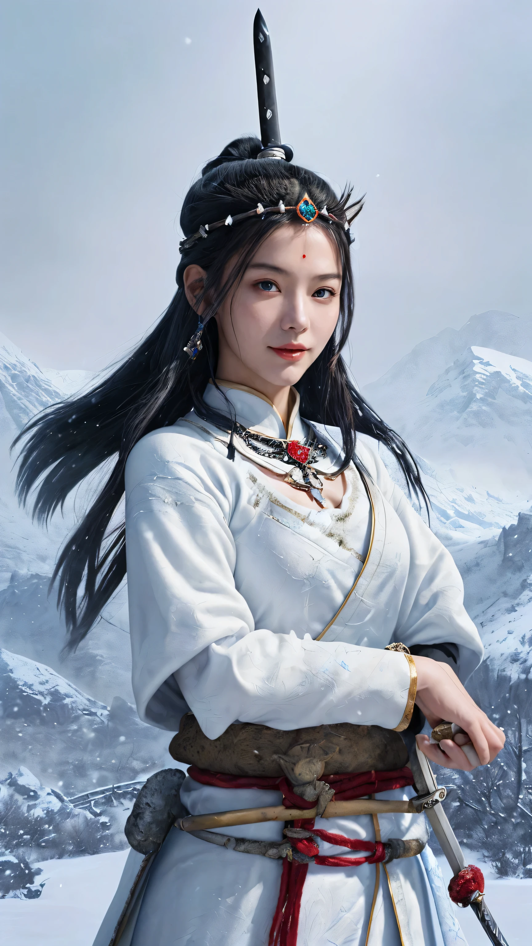 Snow mountain sword painting method, Ancient woman&#39;s sword of ice and flames, Holding a sword burning with blue flames, Dancing with a sword in white clothes, long hair flowing in the snow, Beautiful woman holding a silver sword, Wear jade jewelry, Her face is full of confident smile, She is suspended in the clouds like a fairy, Behind her are layers of mountains  