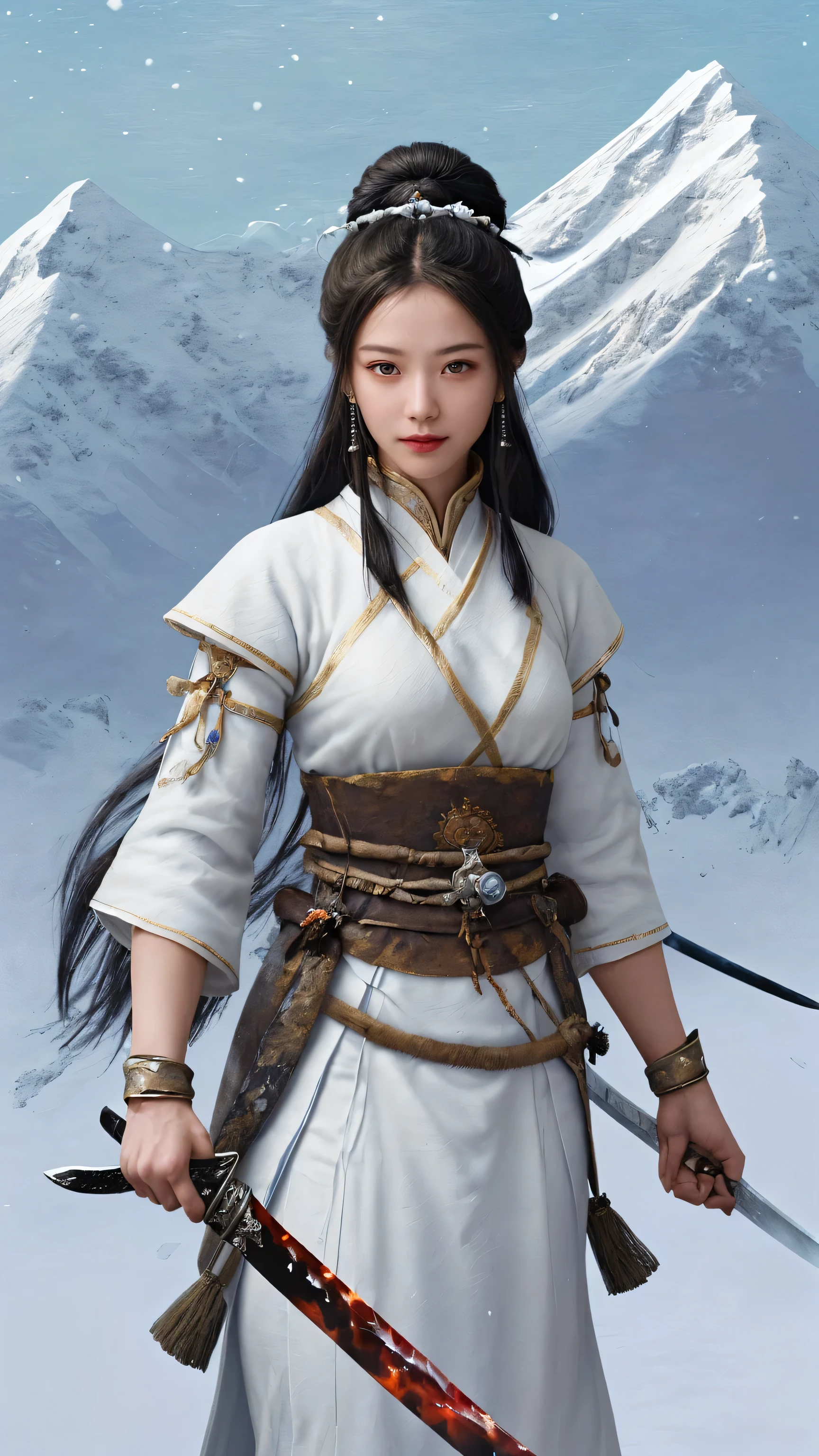 Snow mountain sword painting method, Ancient woman's sword of ice and flames, Holding a sword burning with blue flames, Dancing with a sword in white clothes, long hair flowing in the snow, Beautiful woman holding a silver sword, Wear jade jewelry, Her face is full of confident smile, She is suspended in the clouds like a fairy, Behind her are layers of mountains