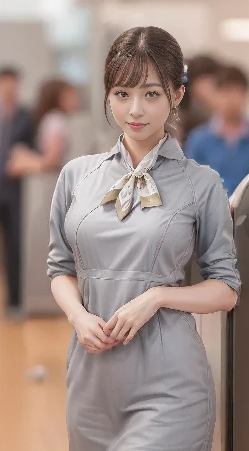 Starlux Airlines silver short sleeve uniform、Earrings、Captivating look、Long hair updo、Evening updo、Young Japanese Woman